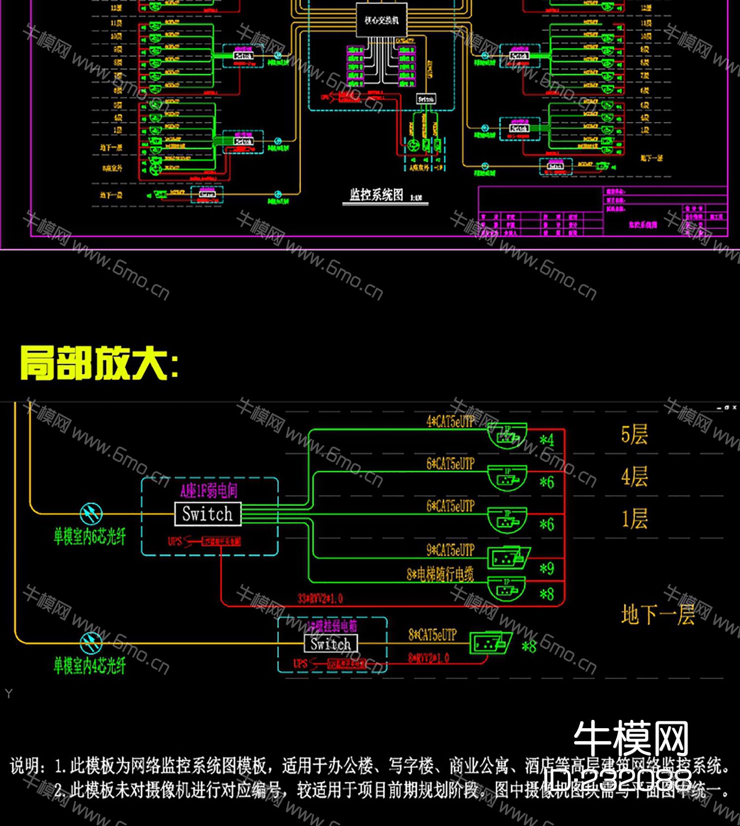 网络监控系统图模板（高层建筑）CAD弱电智能化cad素材