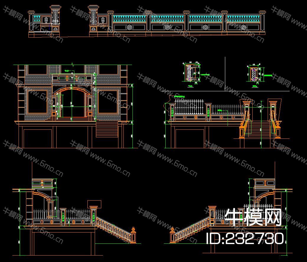 喷泉、栏杆、围墙、大理石门头景观构件CAD图库