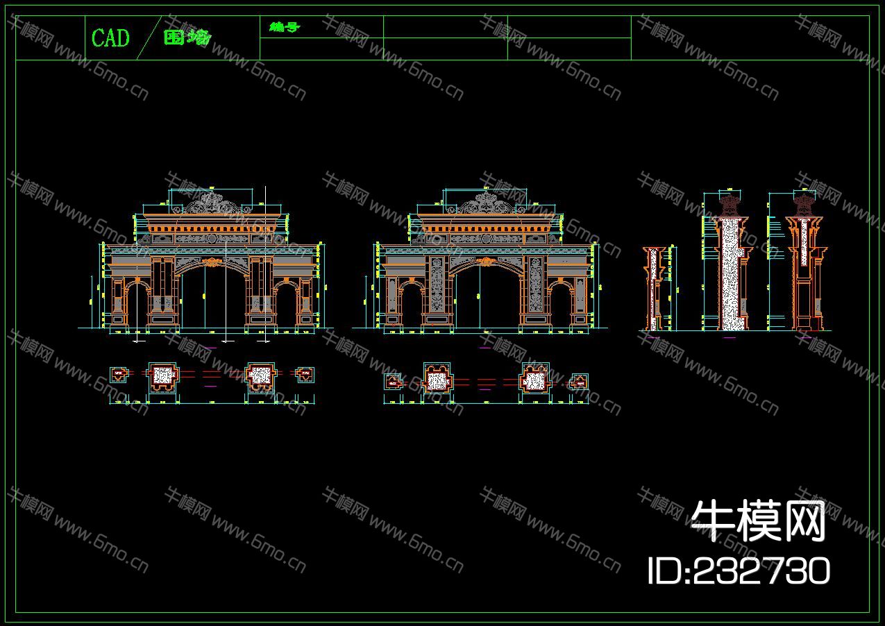 喷泉、栏杆、围墙、大理石门头景观构件CAD图库