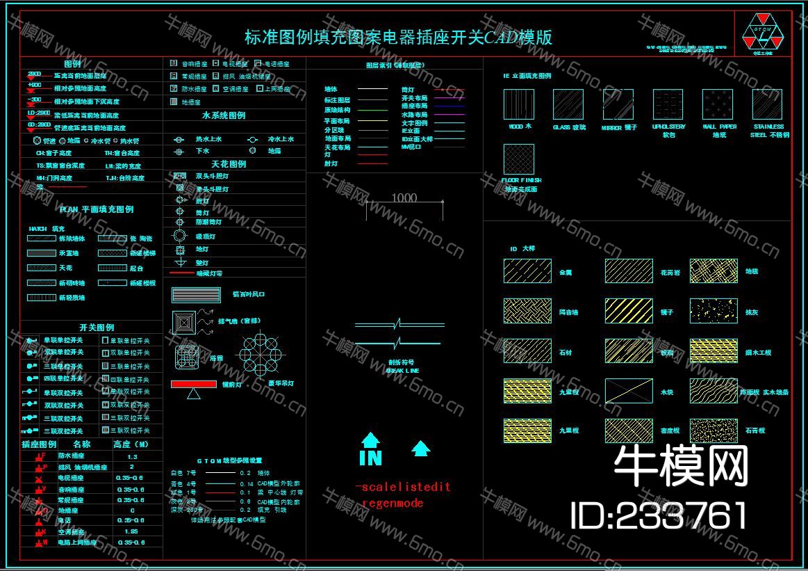 标准图例填充图案电器插座开关CAD模版