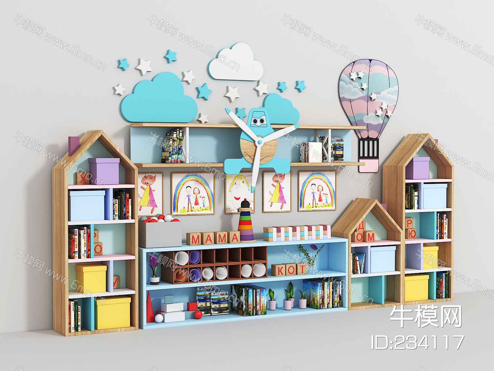 儿童玩具书柜，墙画