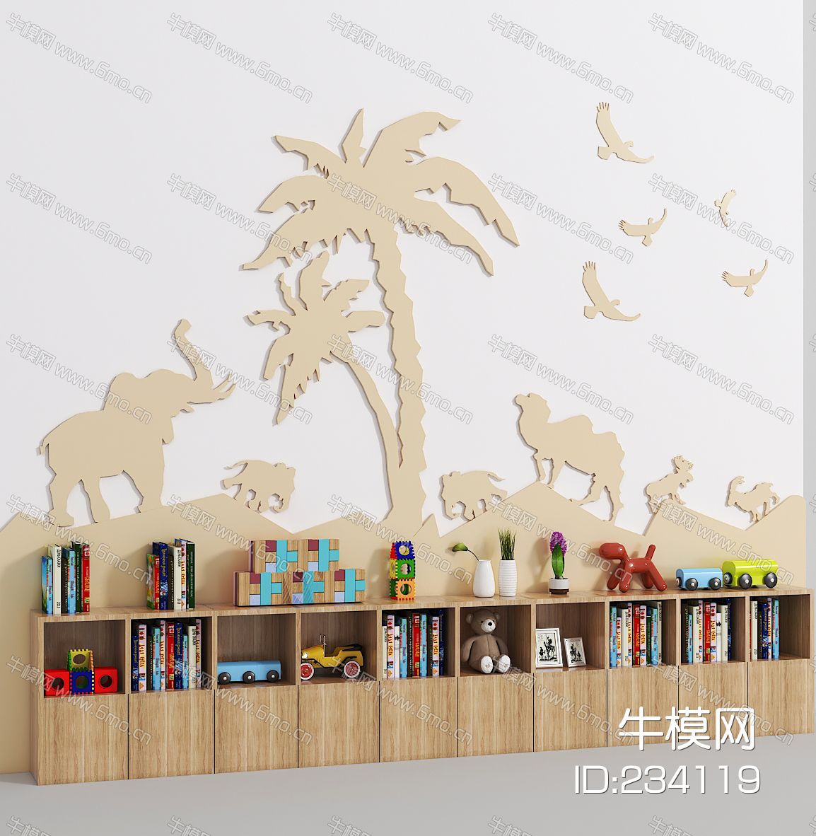 儿童玩具书柜及动物墙贴