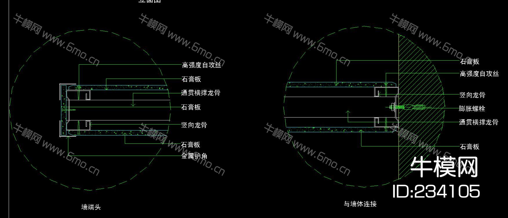 单层石膏板隔墙系统节点图