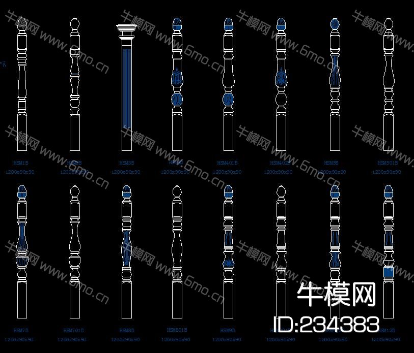 实木楼梯 扶手 立柱 柱头 CAD图库大全