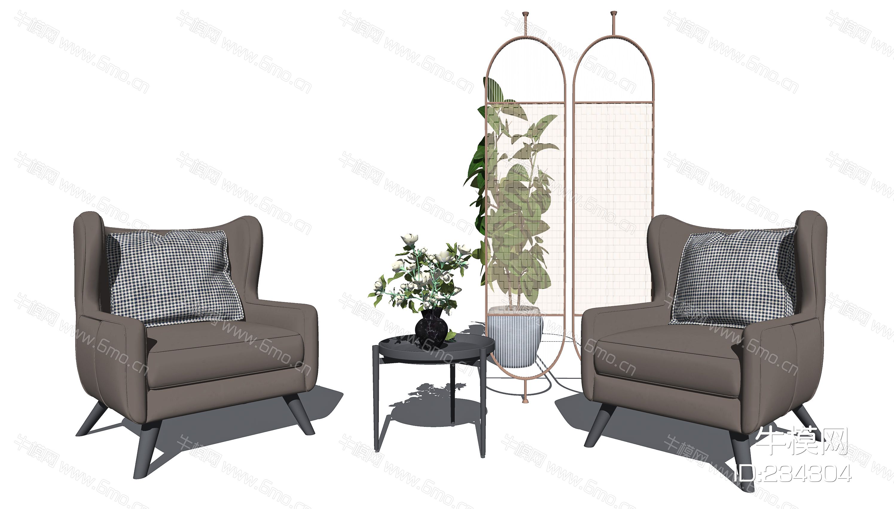 现代休闲沙发茶几组合单人沙发屏风隔断盆栽SU模型