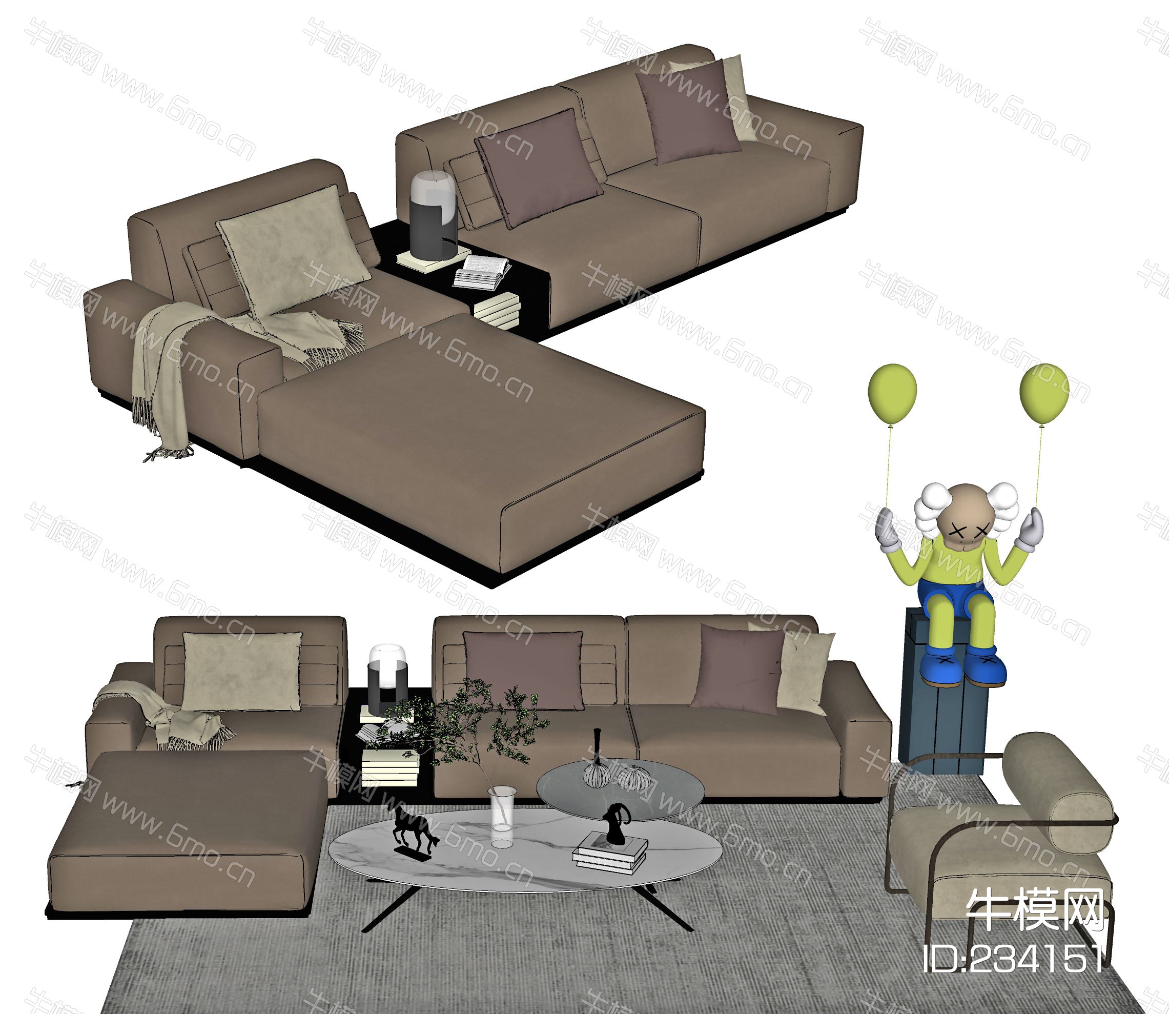 现代沙发茶几组合，多人沙发，休闲沙发，茶几，转角沙发，雕塑，地毯，摆件，组合沙发，长茶几，布艺多人沙发