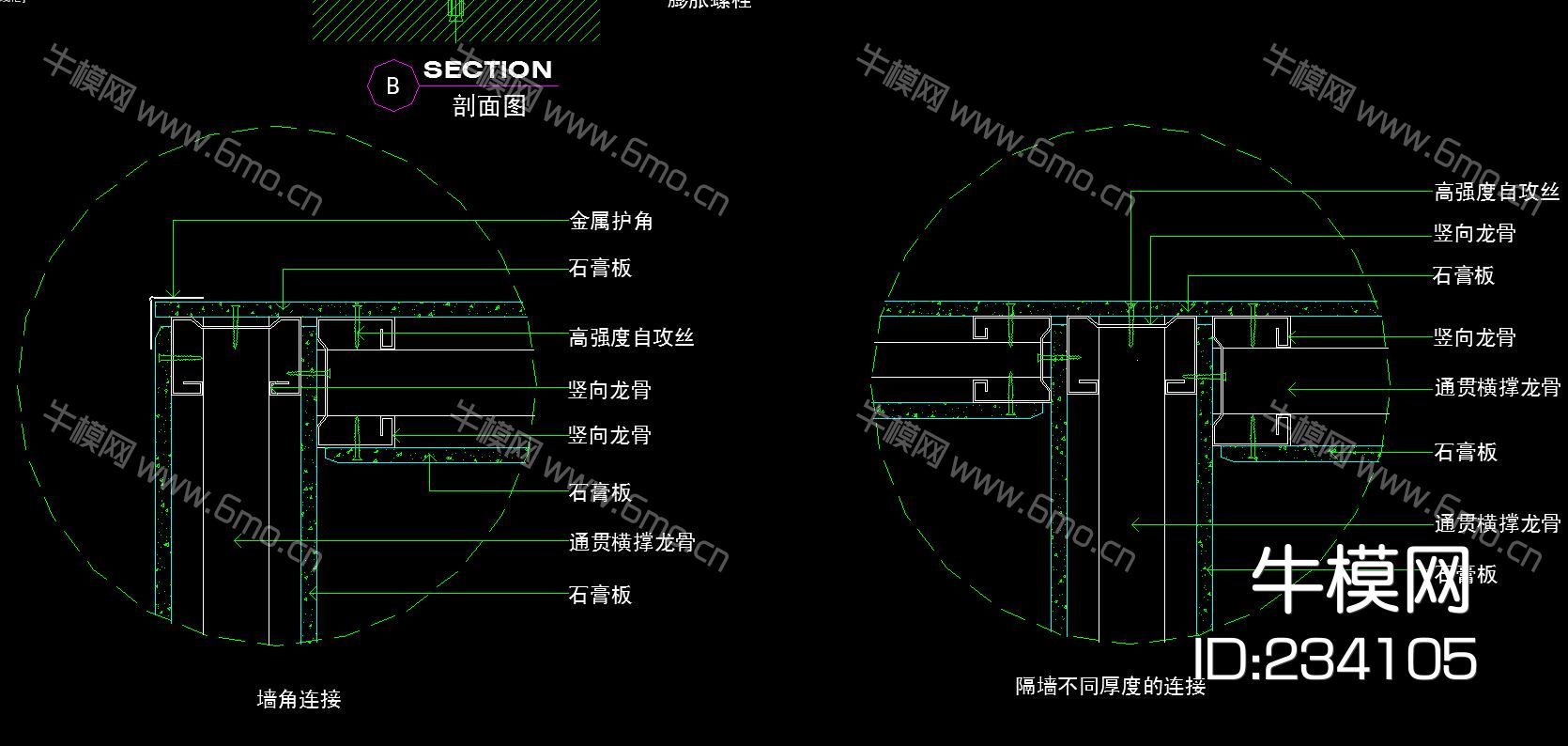 单层石膏板隔墙系统节点图