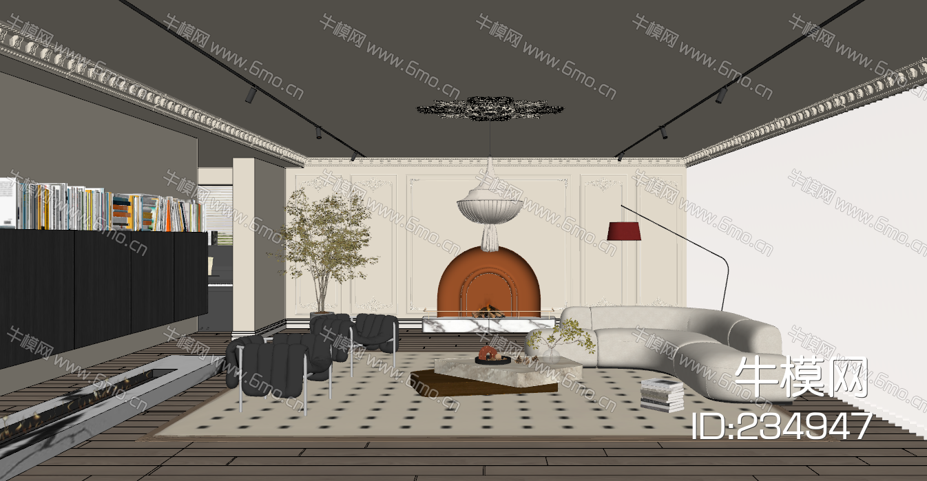 法式客厅SU，沙发茶几组合，落地灯，吊灯