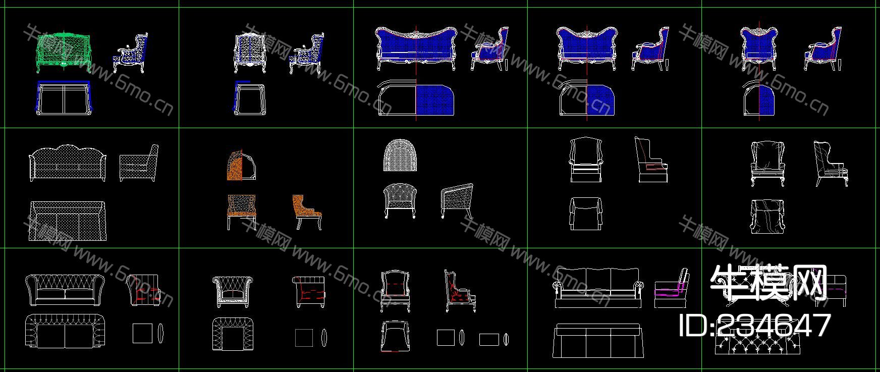 欧式 美式 法式 沙发三视图