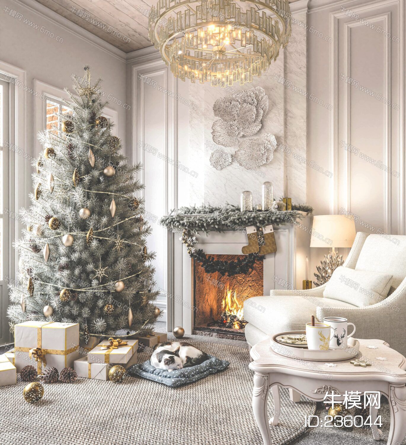 欧式客厅一角，壁炉，圣诞树，单人沙发，茶几，猫，圣诞礼物，欧式吊灯