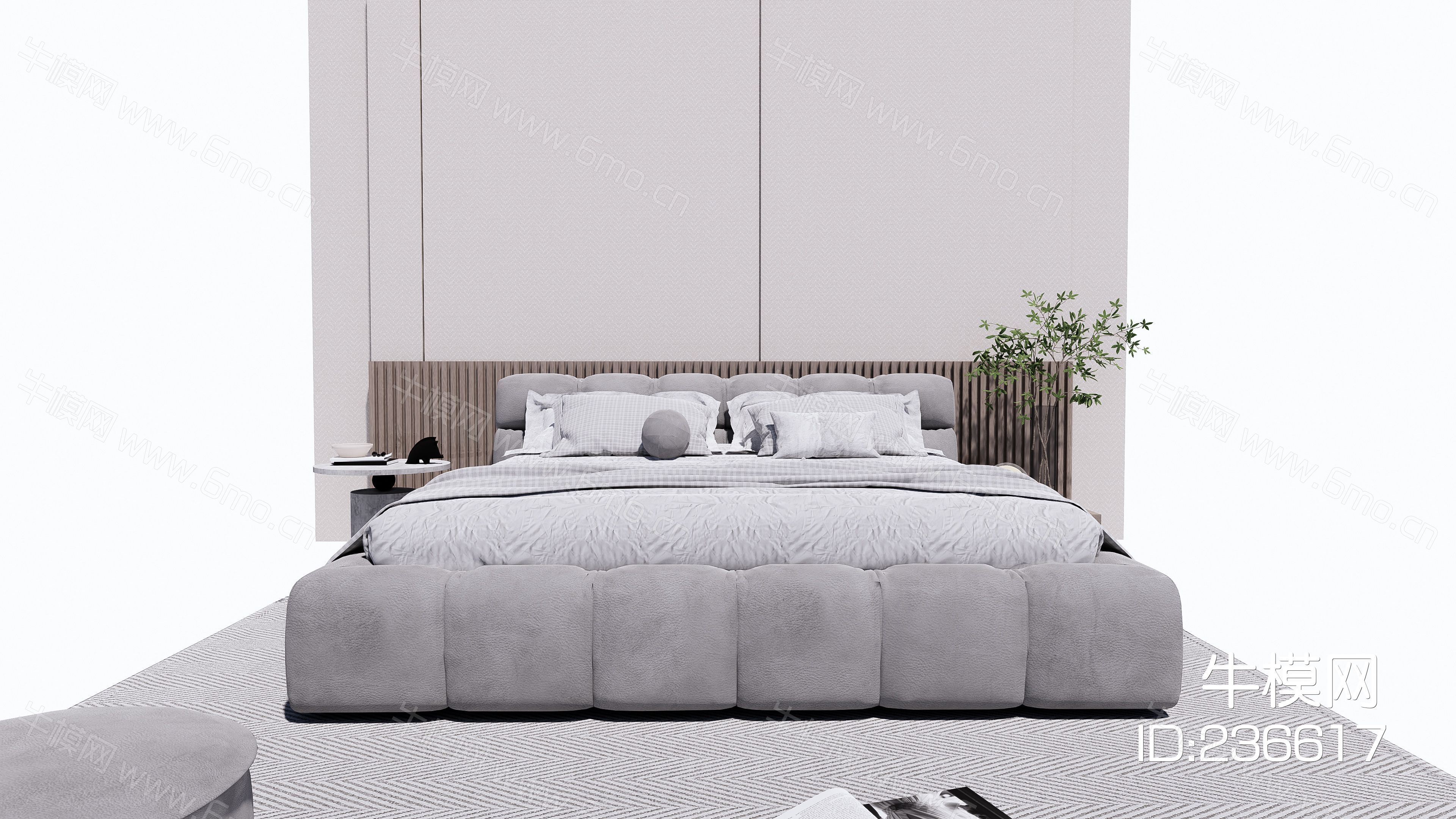 现代双人床床头柜摆件背景墙SU模型