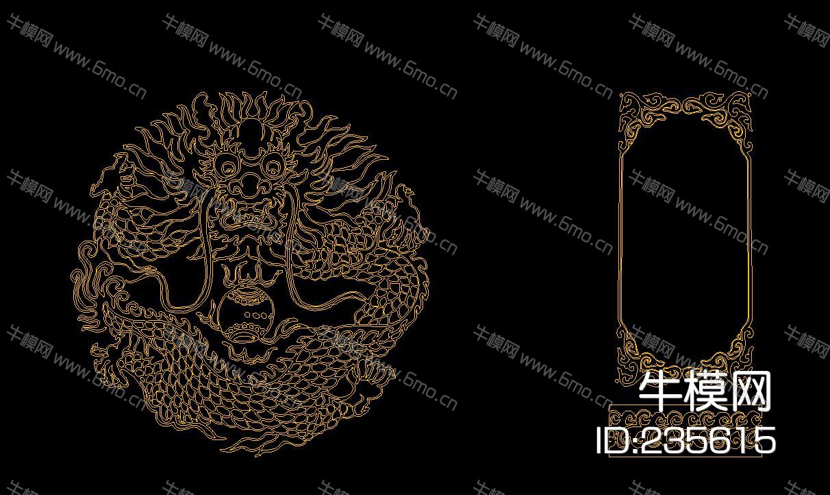 中国风传统吉祥图案龙凤花鸟背景墙CAD雕花图库