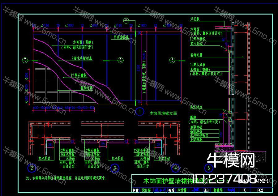 木墙裙节点CAD大样图 建筑剖面图 护墙板图
