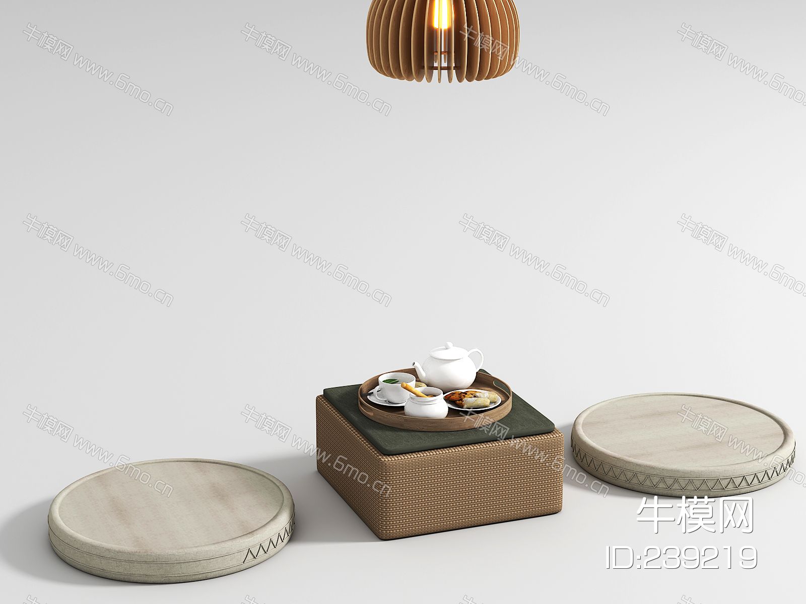 日式休闲桌椅组合,坐垫，藤桌，实木吊灯，点心，茶具