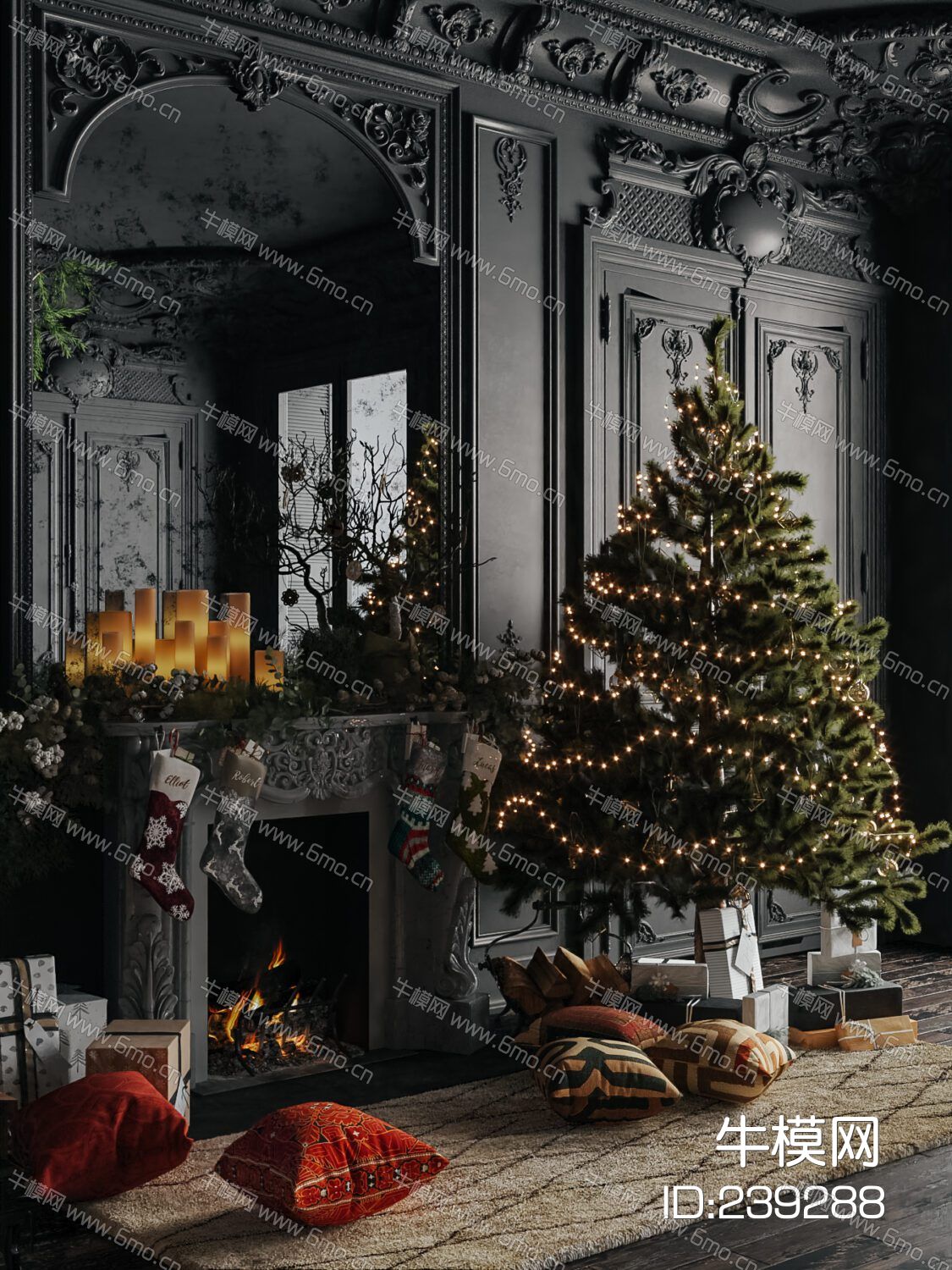 欧式客厅，壁炉，圣诞树，背景墙