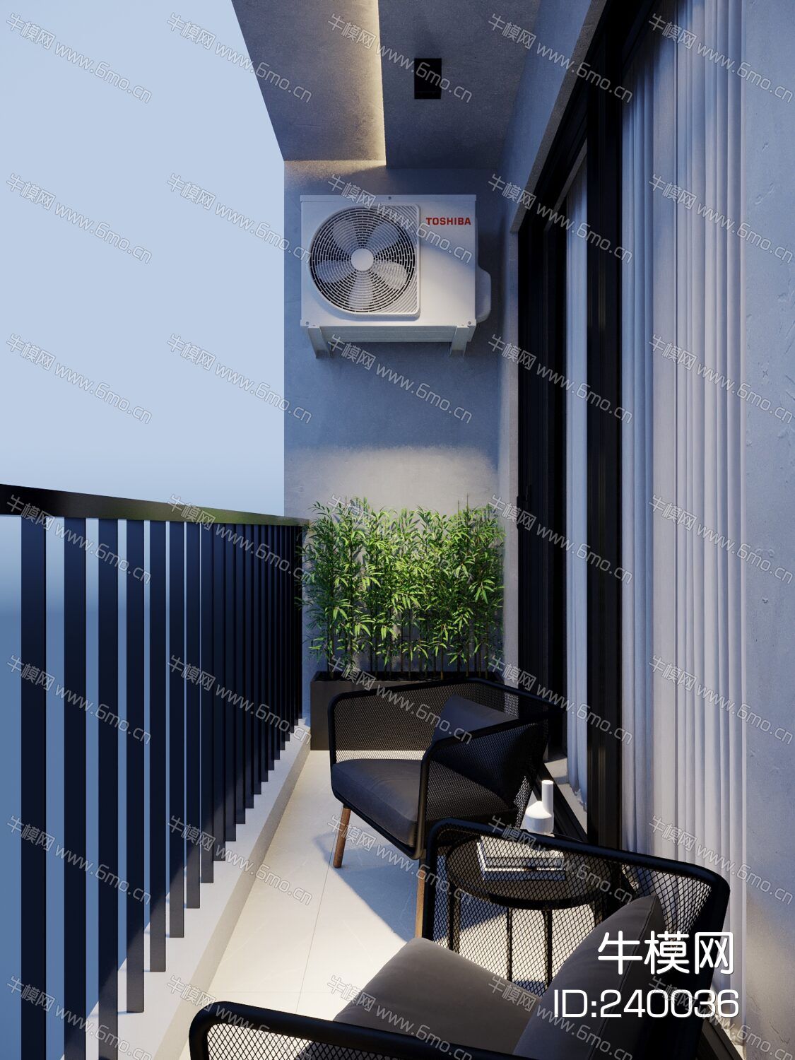 现代阳台，休闲椅，空调机
