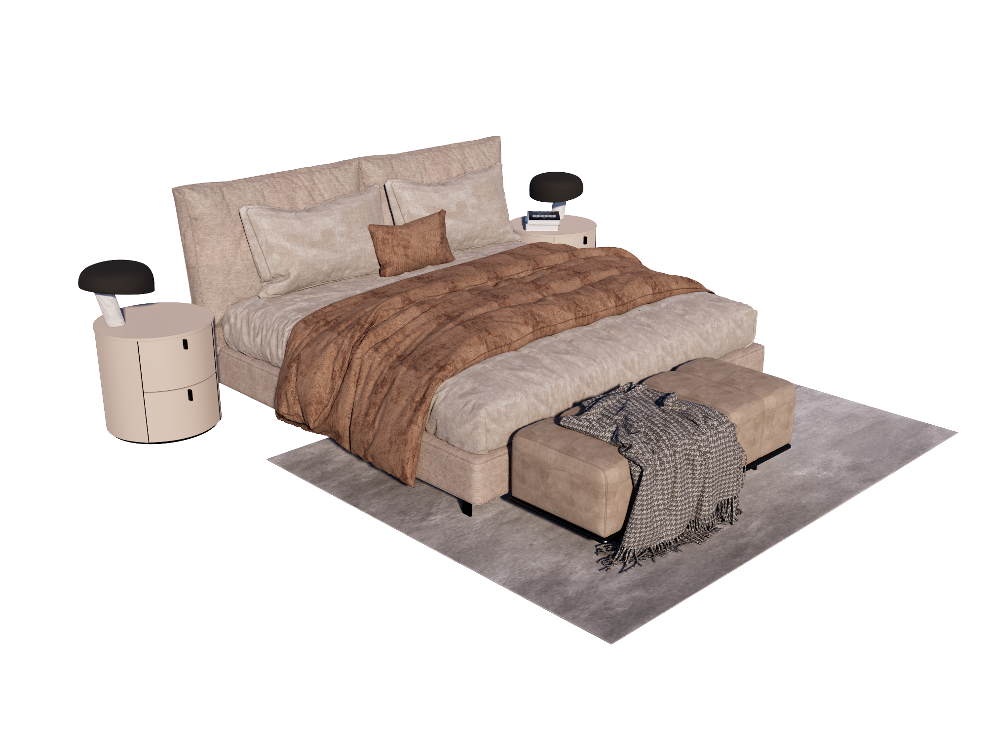 现代双人床床头柜地毯床尾凳