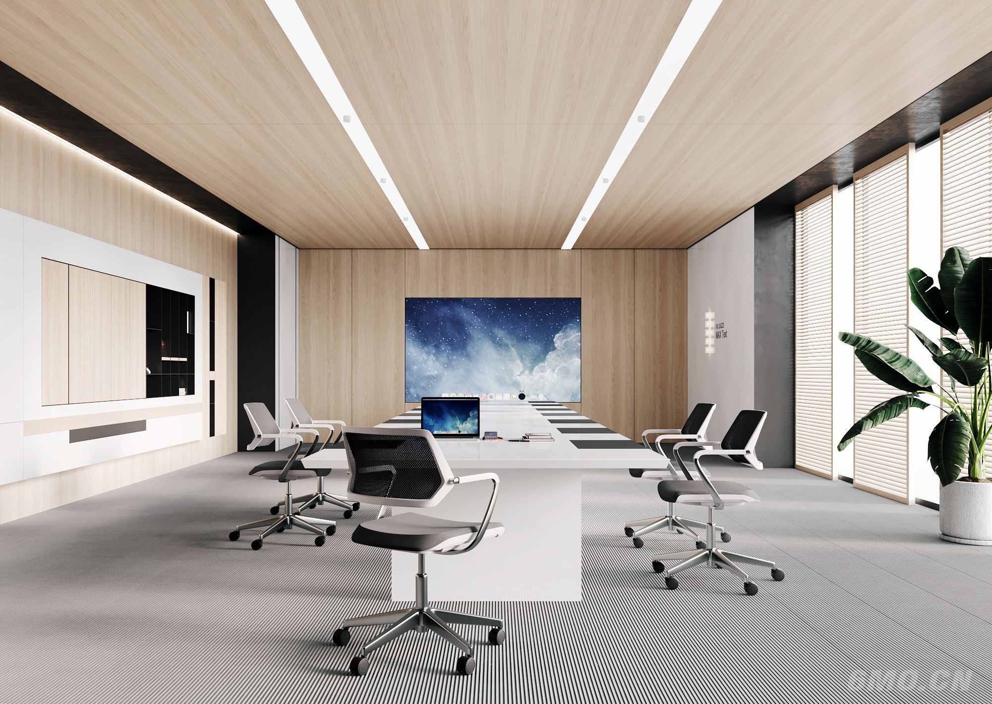 极简，原木，办公，会议室，会议桌椅，现代风，投影，地毯，柜子