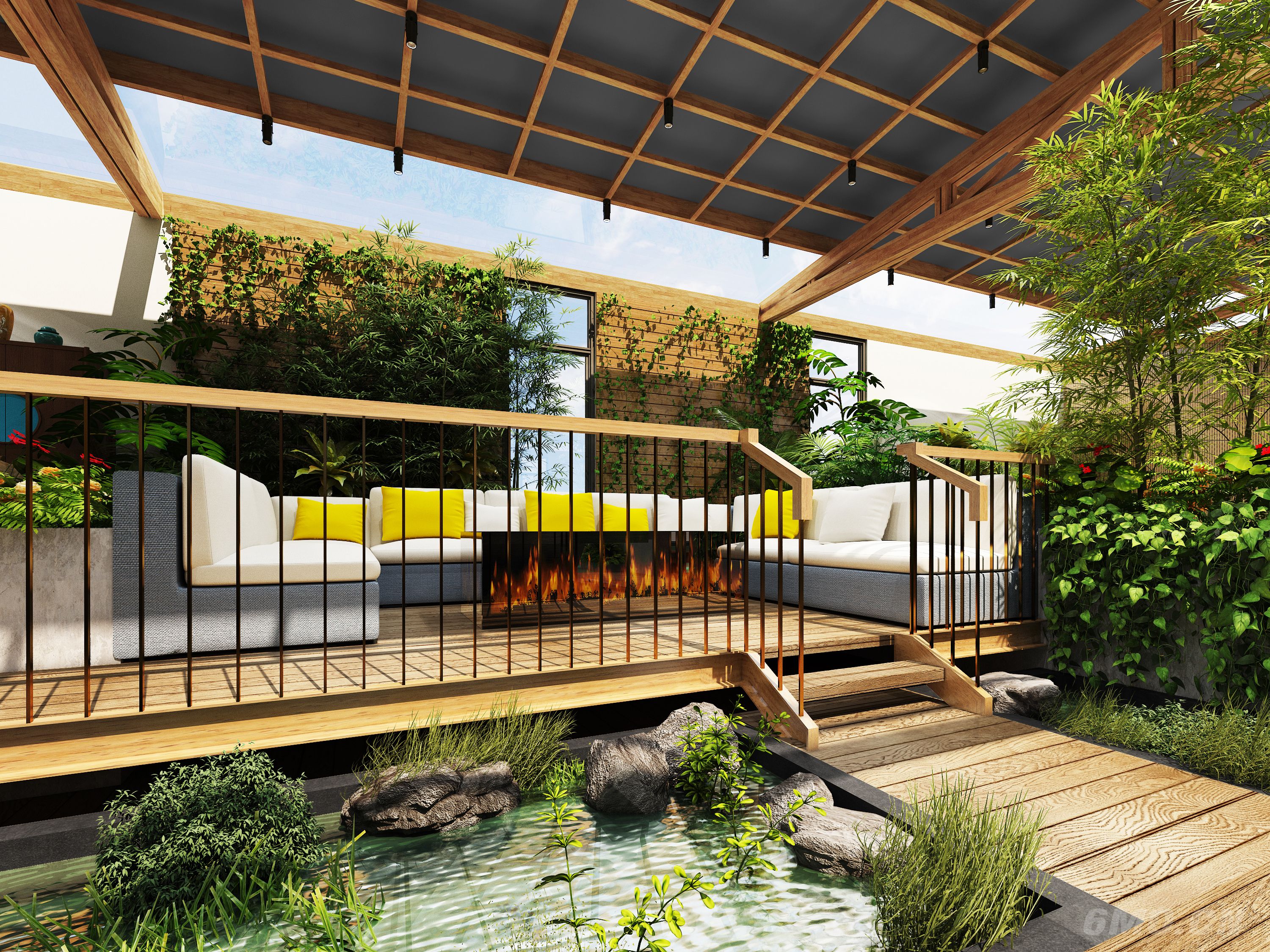 屋顶花园，阳光房，室内景观，茶室，绿植，家具，水景