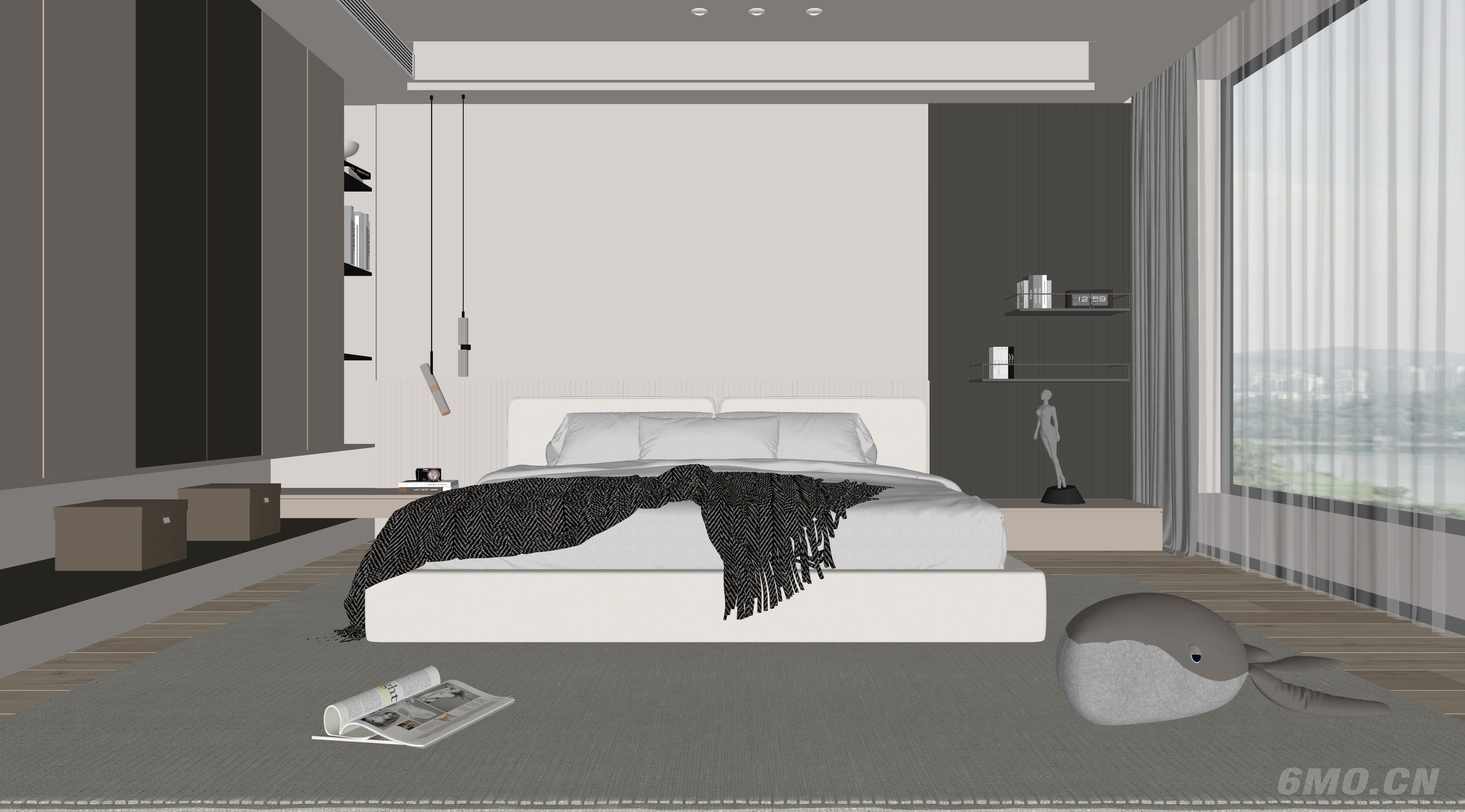 现代卧室 双人床 饰品  床头吊灯 造形吊顶 造型衣柜