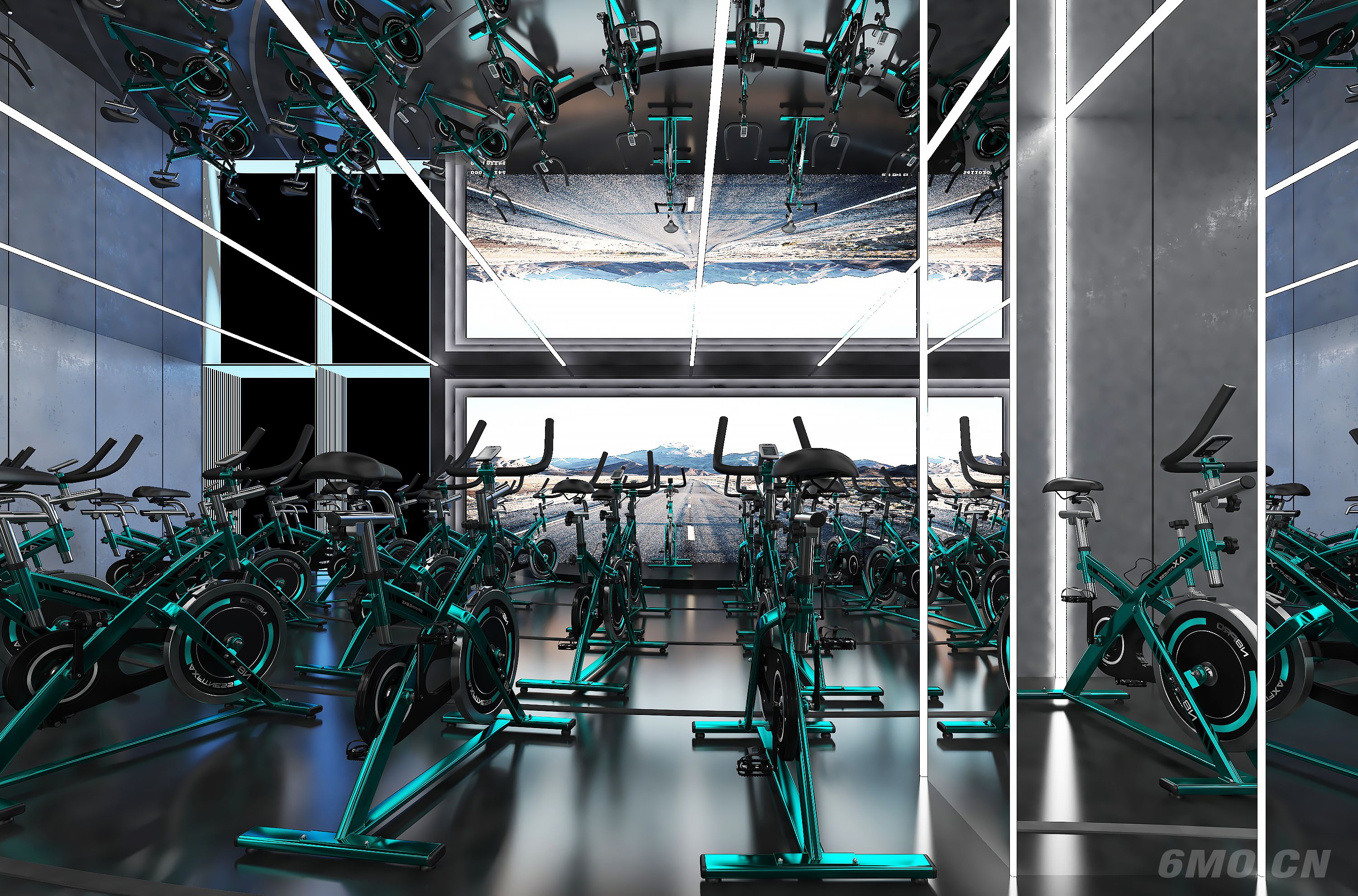 工业风健身房，动感单车厅，动感单车，现代科技动感单车