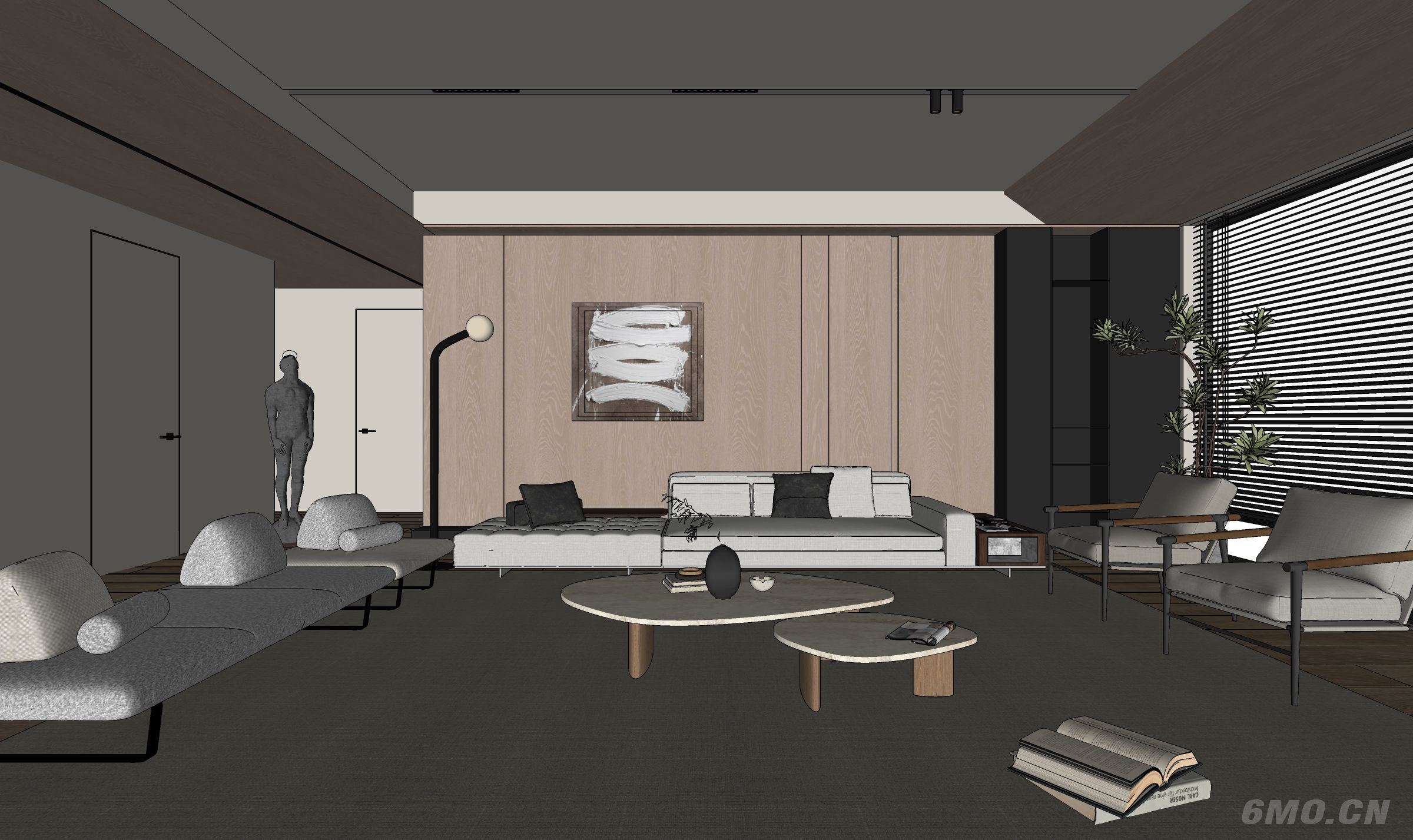 客厅，侘寂，现代，沙发组合，落地灯，盆栽，背景墙，装饰画