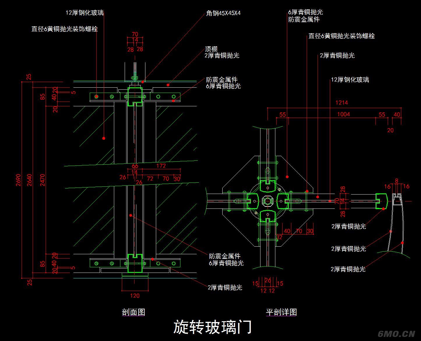 地弹簧门自动感应门折叠门无框玻璃门天地转轴门节点图