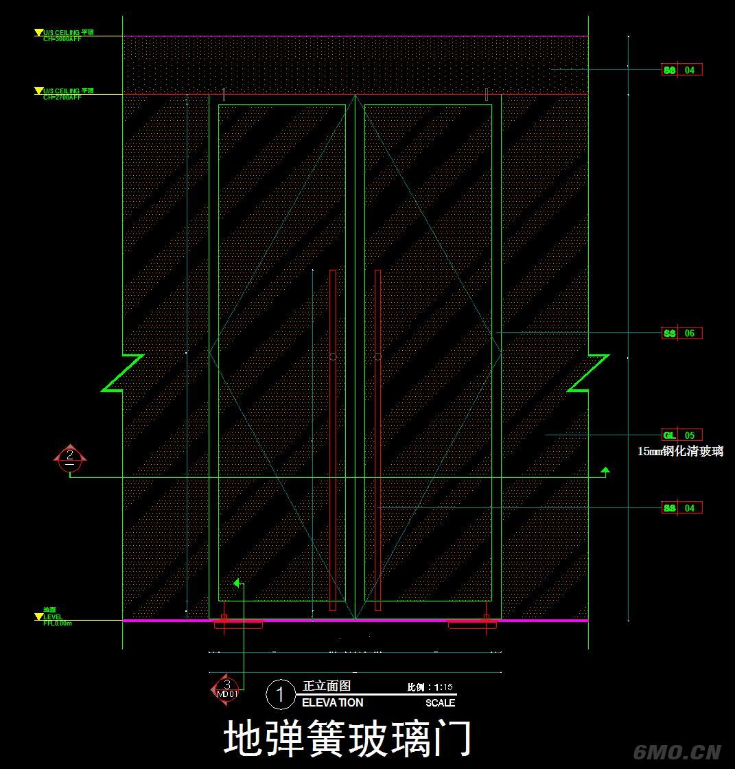 地弹簧门自动感应门折叠门无框玻璃门天地转轴门节点图