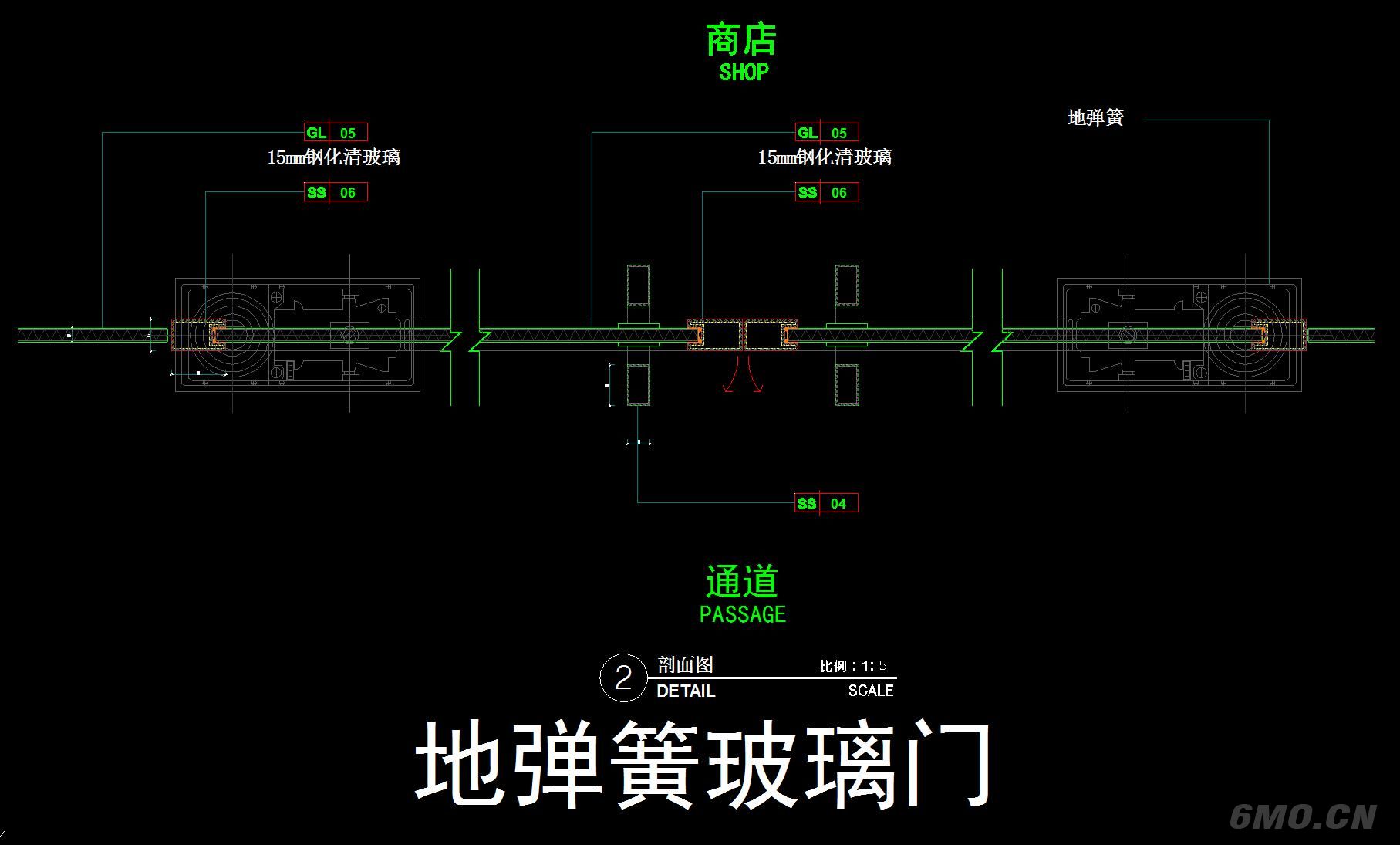 地弹簧门自动感应门折叠门无框玻璃门天地转轴门节点图