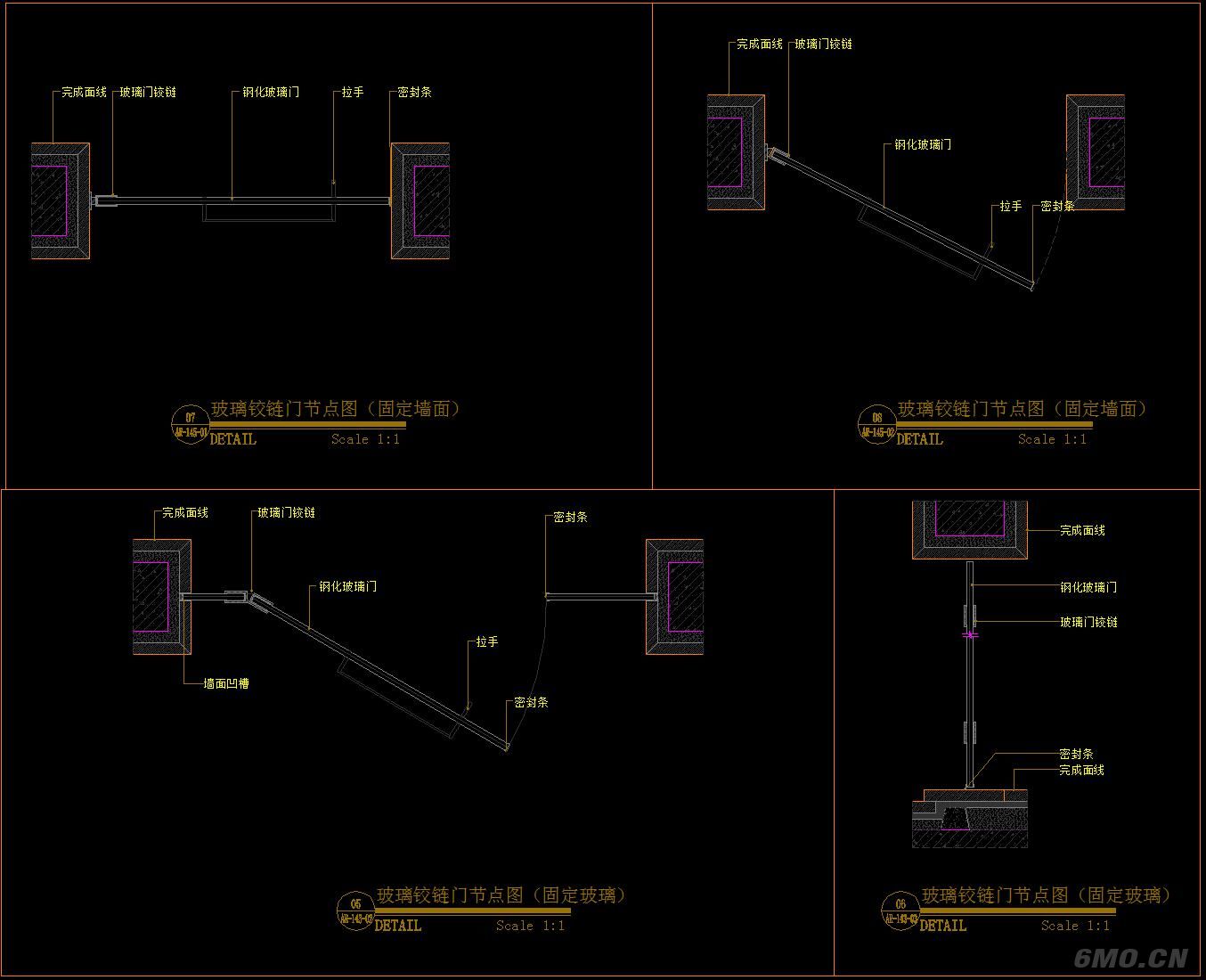 地弹簧玻璃门 玻璃铰链门 单双开门暗藏移门CAD节点图