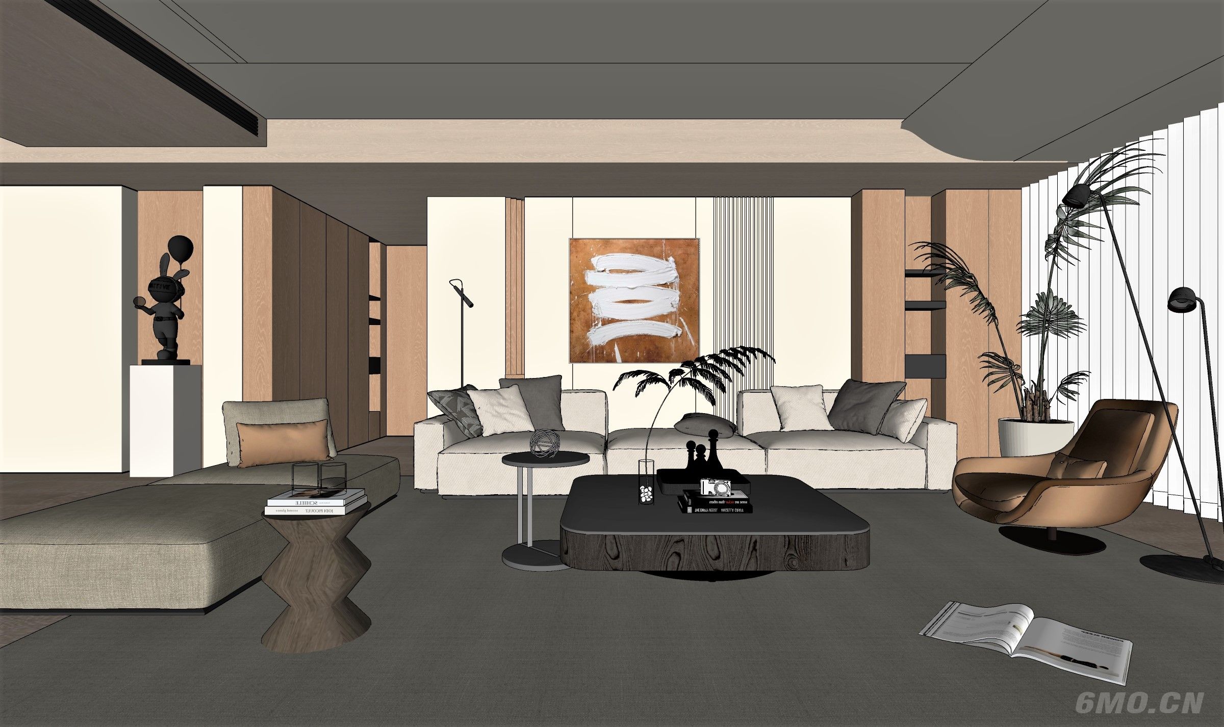 客厅，侘寂，现代，沙发组合，落地灯，盆栽，背景墙，装饰画