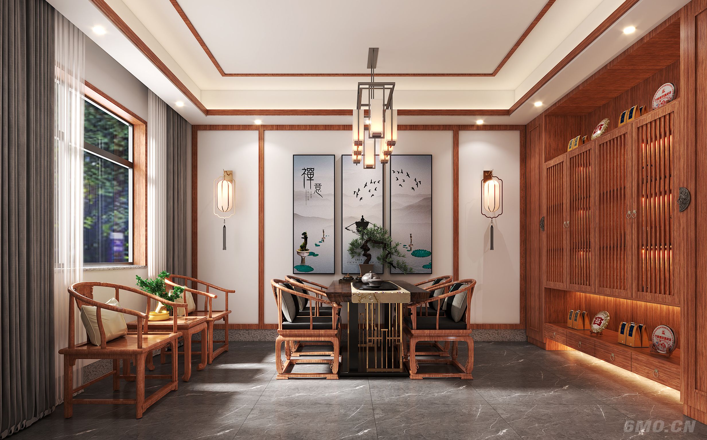 新中式茶楼大厅，茶室，茶叶展厅，前台，茶叶展柜，吊灯