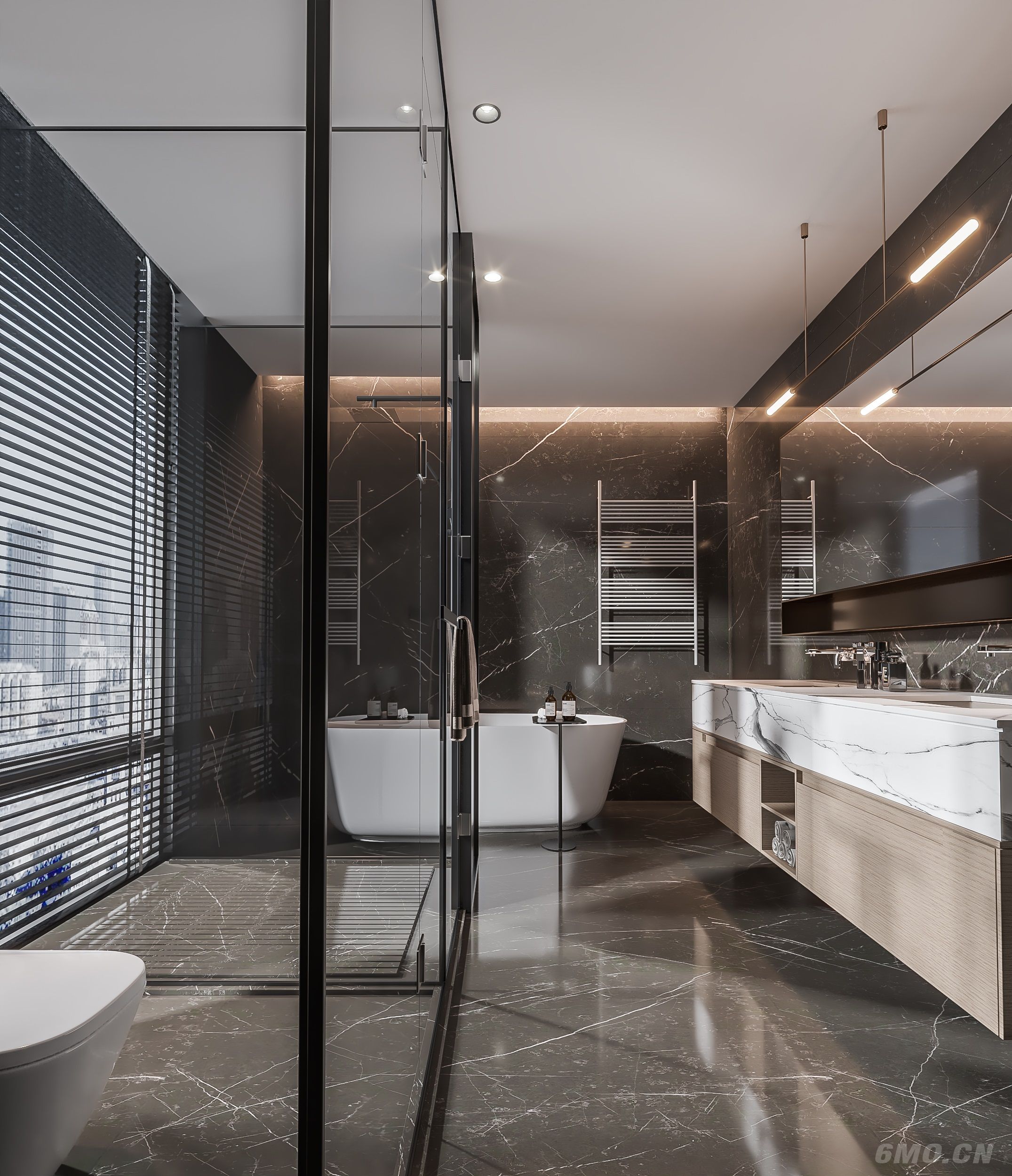 现代卫生间 马桶 浴室柜 洗脸盆 镜子 玻璃隔断 浴缸 