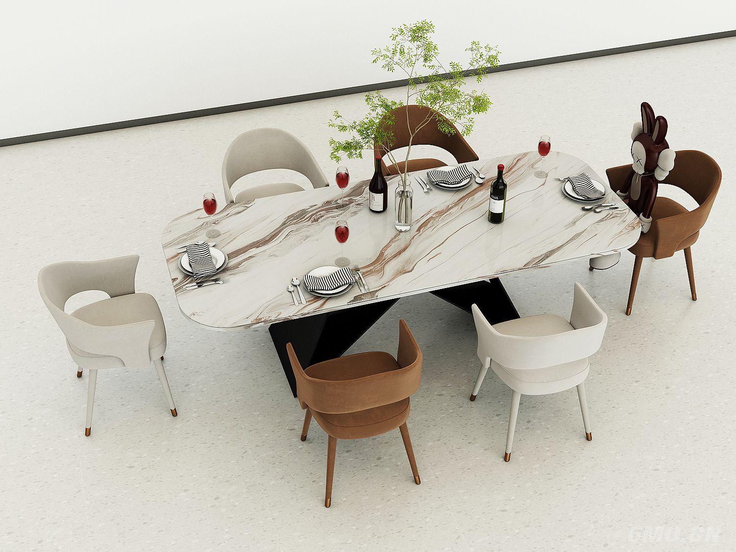 现代轻奢餐厅餐桌椅，餐具