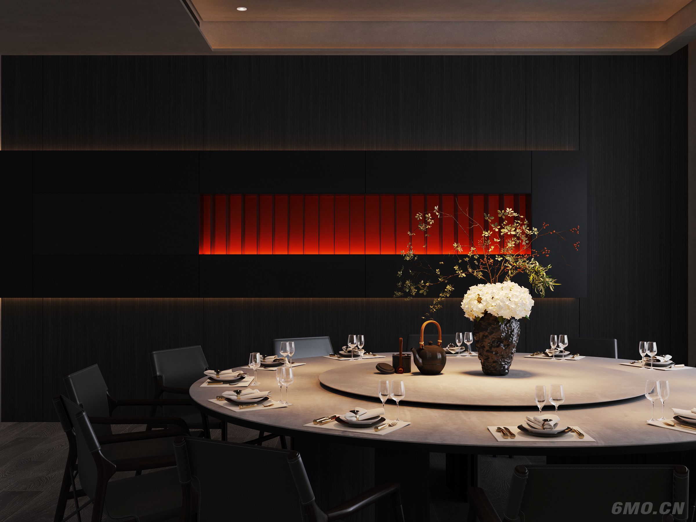 餐饮，包厢，现代，高级灰，餐桌椅，新中式，红色，壁柜