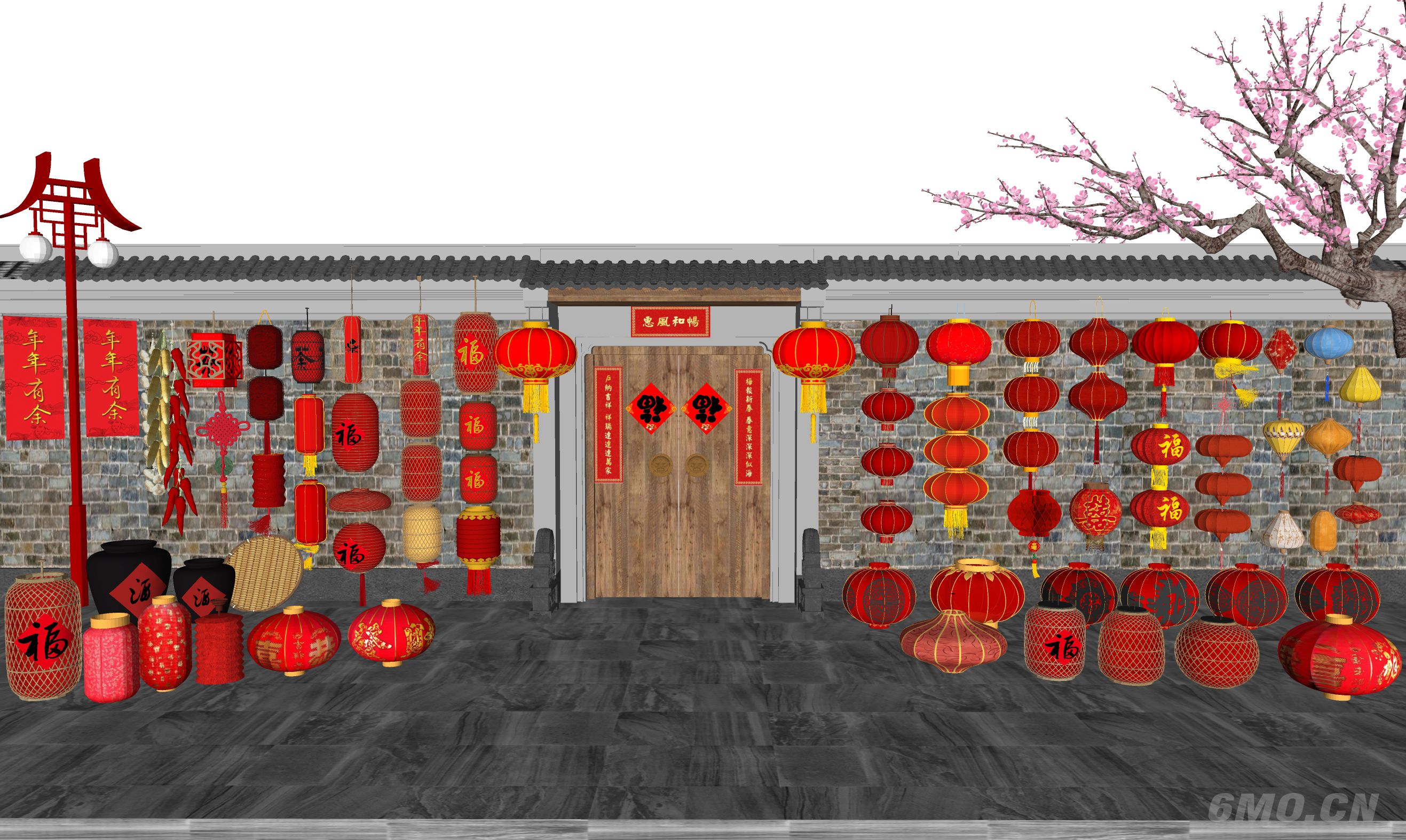 新中式灯笼 红灯笼 对联 酒坛 梅花树