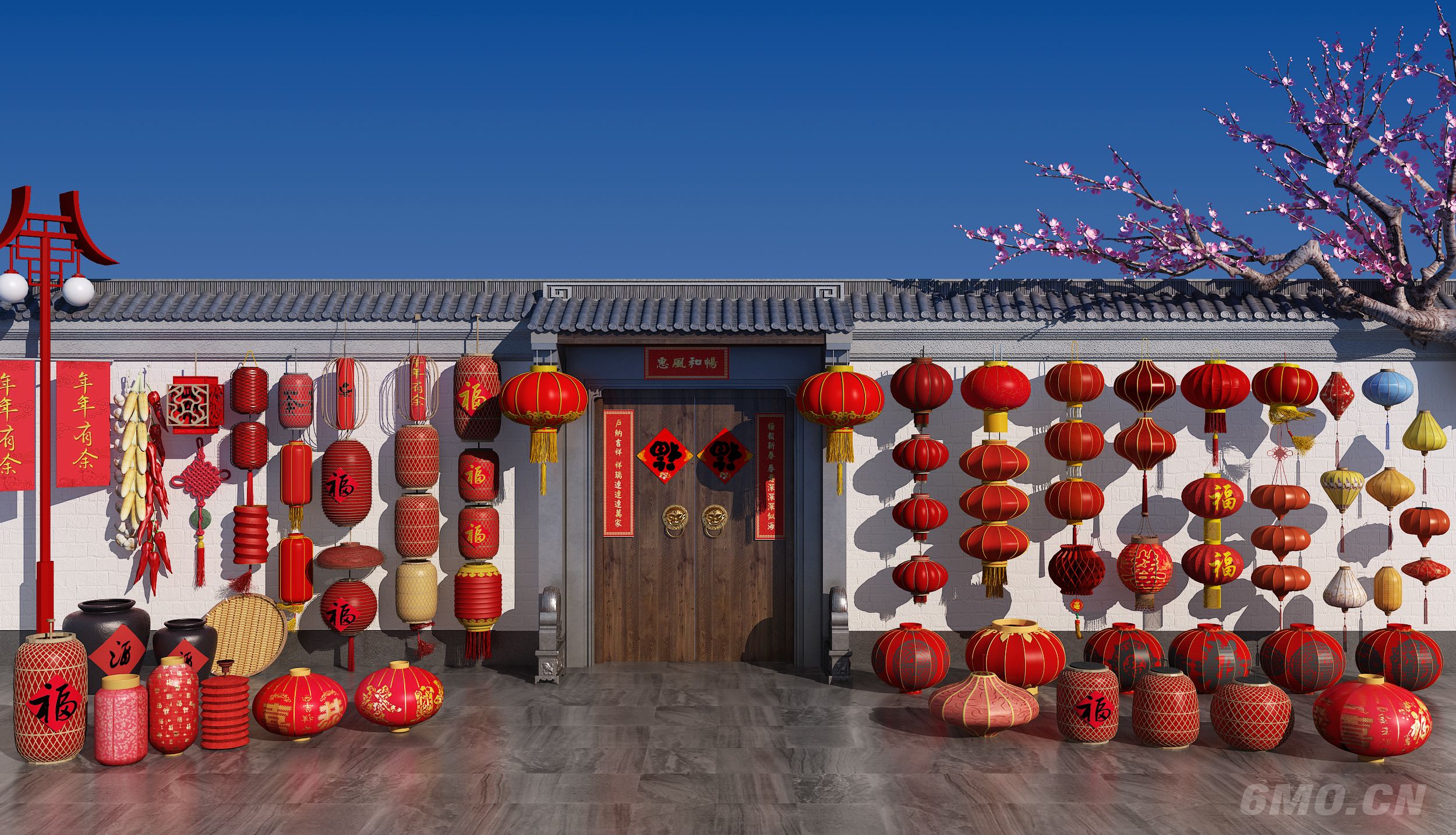 新中式灯笼 红灯笼 对联 酒坛 梅花树