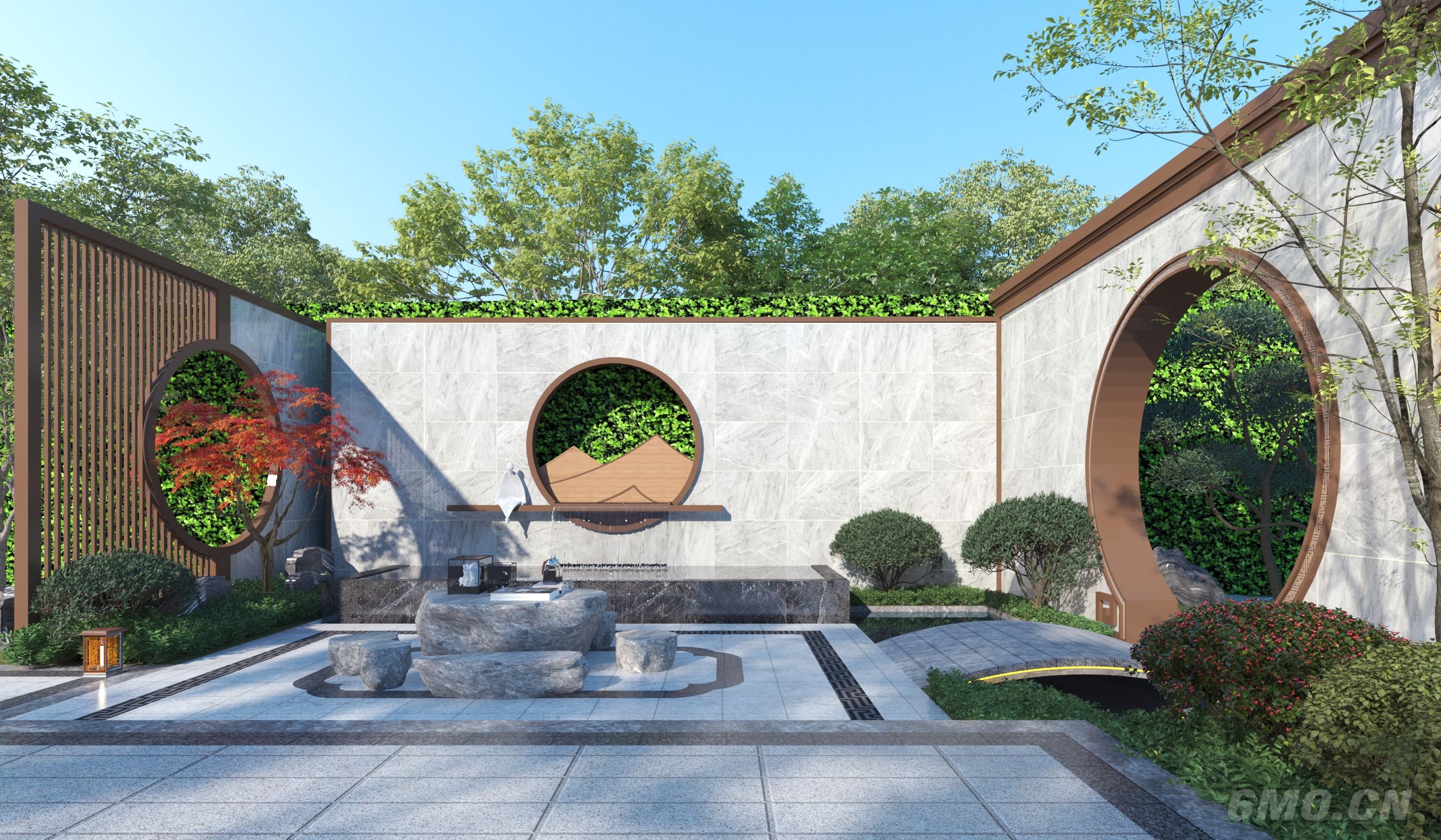 中式庭院花园_水景景墙_圆门 3D模型