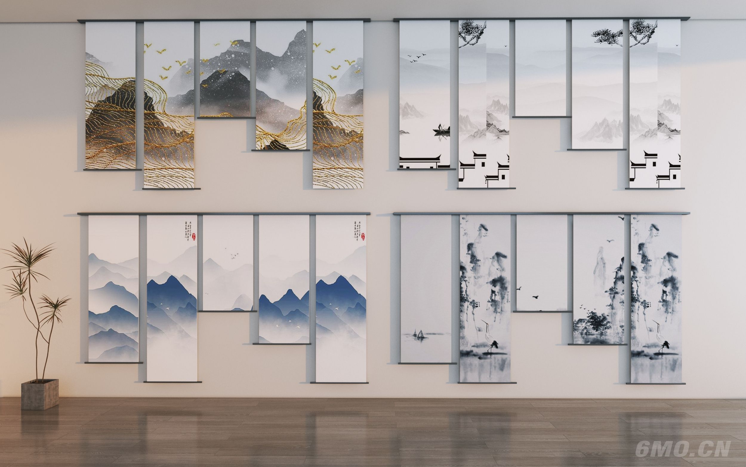 新中式山水画纱帘3D模型