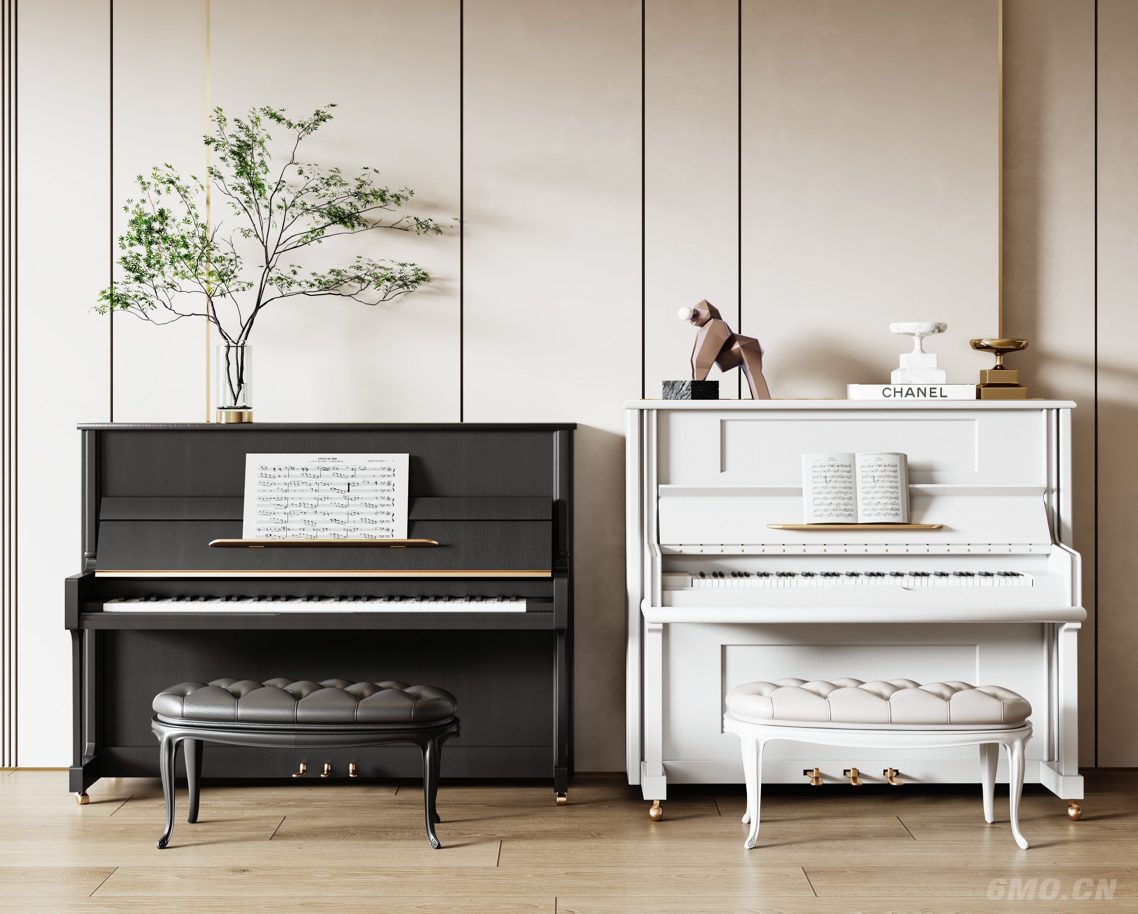 现代钢琴组合 木质钢琴  烤漆钢琴 钢琴凳 金属摆件 琴谱