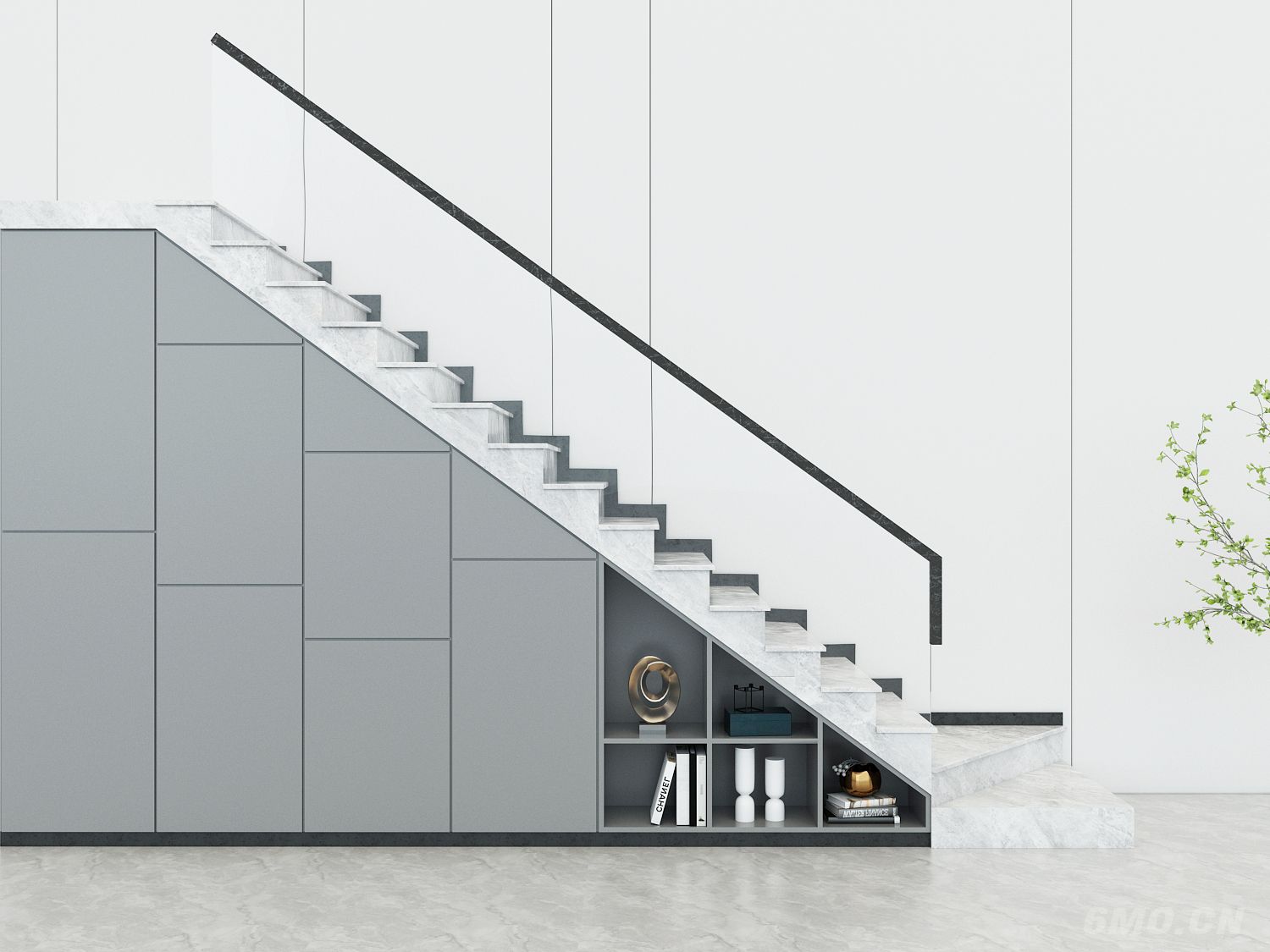 现代楼梯间楼梯，楼梯玻璃栏杆扶手，楼梯间储物柜，装饰展示柜