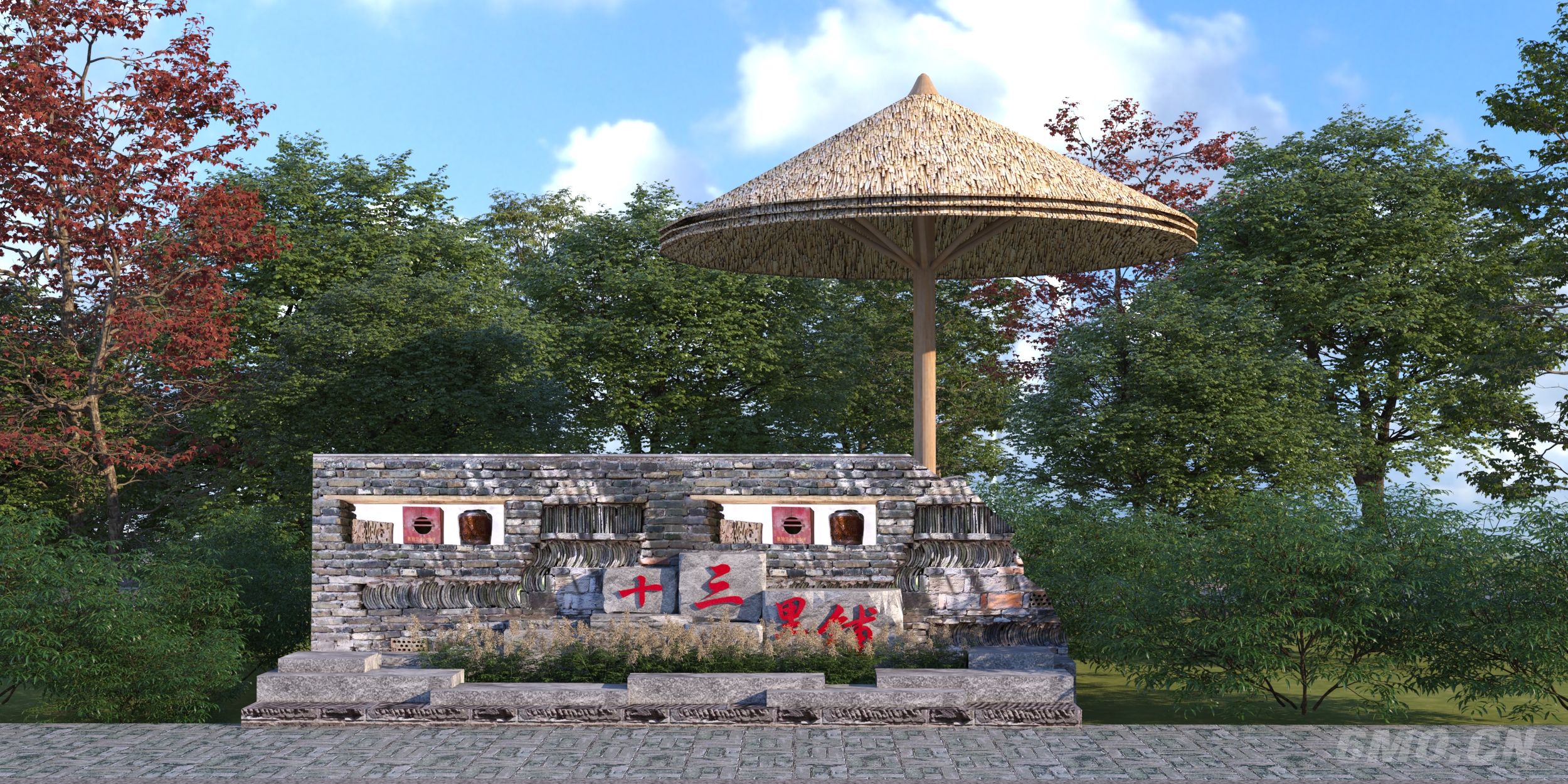 中式乡村民俗景墙3D模型