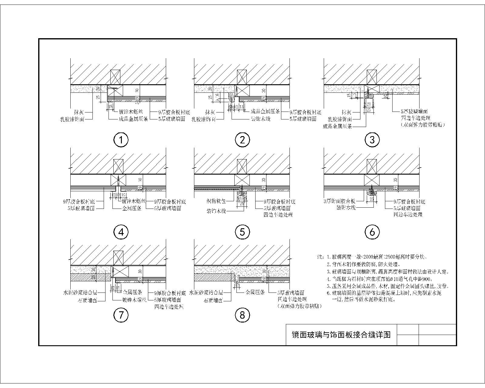 镜面玻璃与饰面板及石材接合缝详图