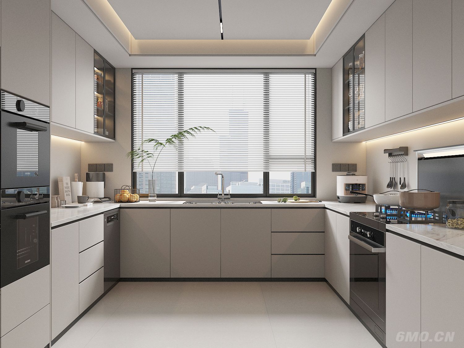 現代廚房，U形櫥柜，吊柜地柜，消毒柜，洗碗機，集成灶，廚具，插座，水盆