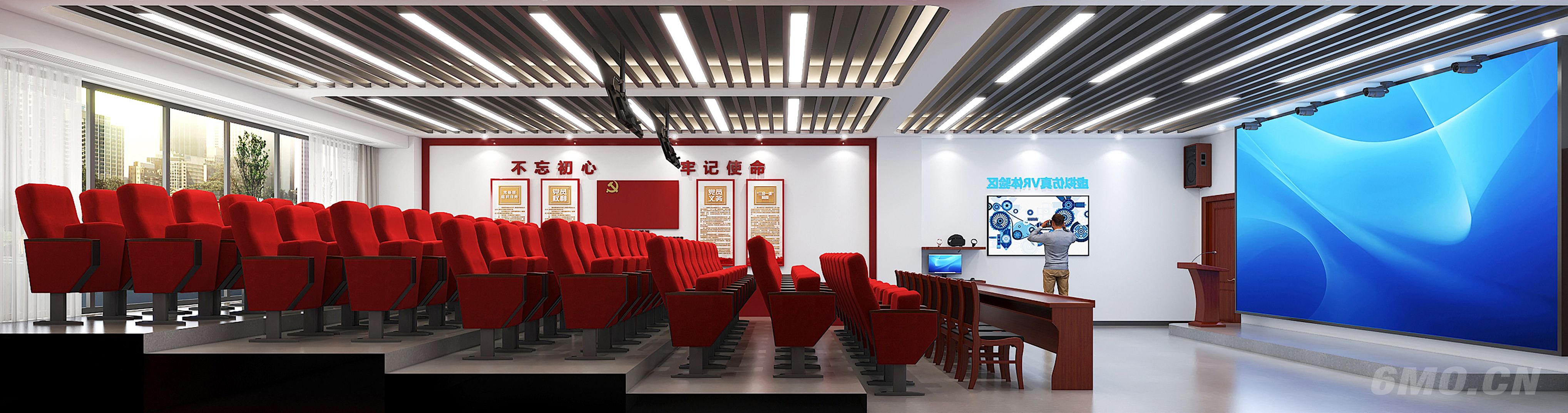 大学VR教室，VR眼镜，电影院椅子，党建形像墙，人物