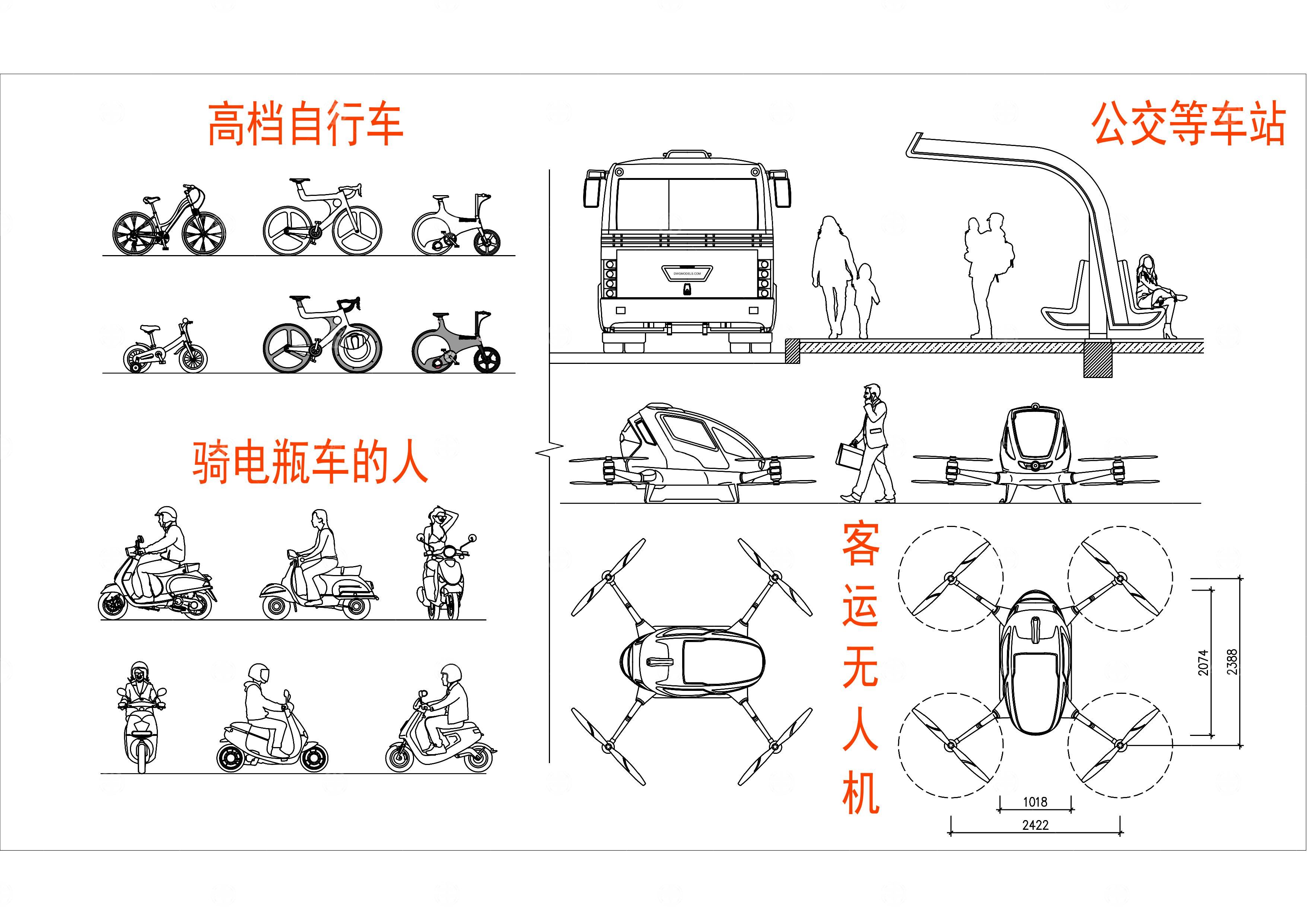 交通工具：高档车、公交站、无人机