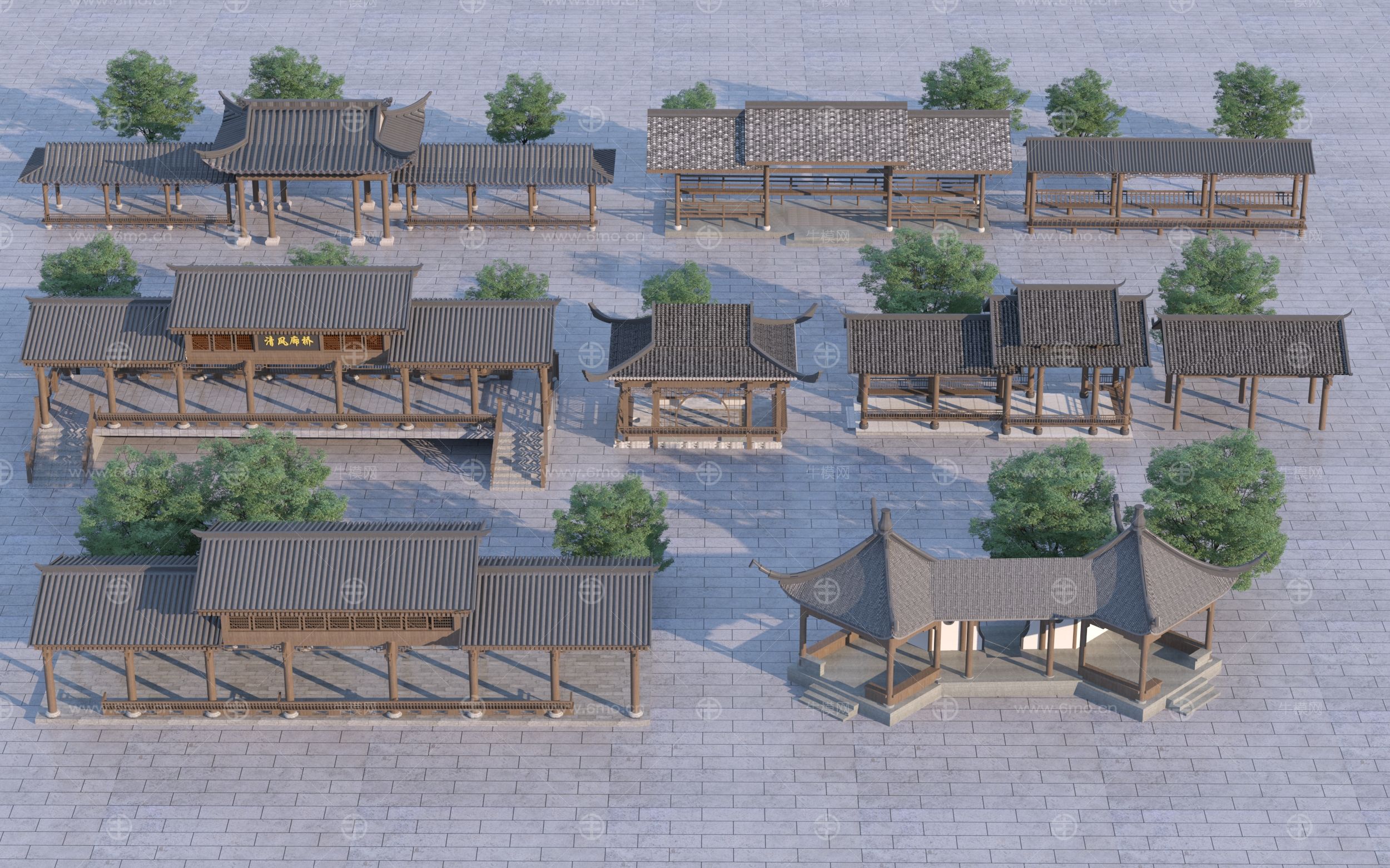 中式长廊组合3D模型