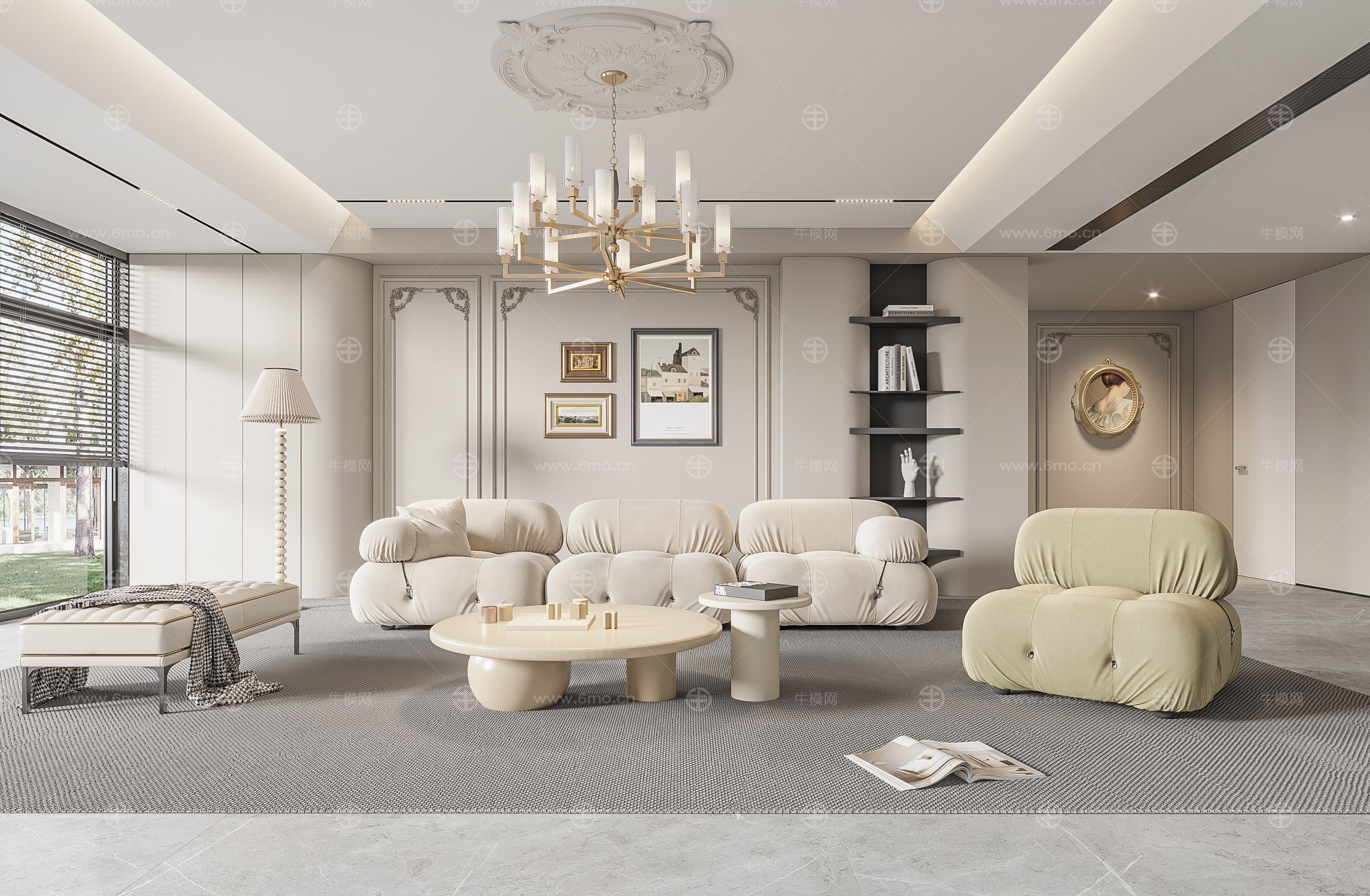法式客厅 奶油风客厅 沙发组合 茶几组合 饰品摆件 PU线条