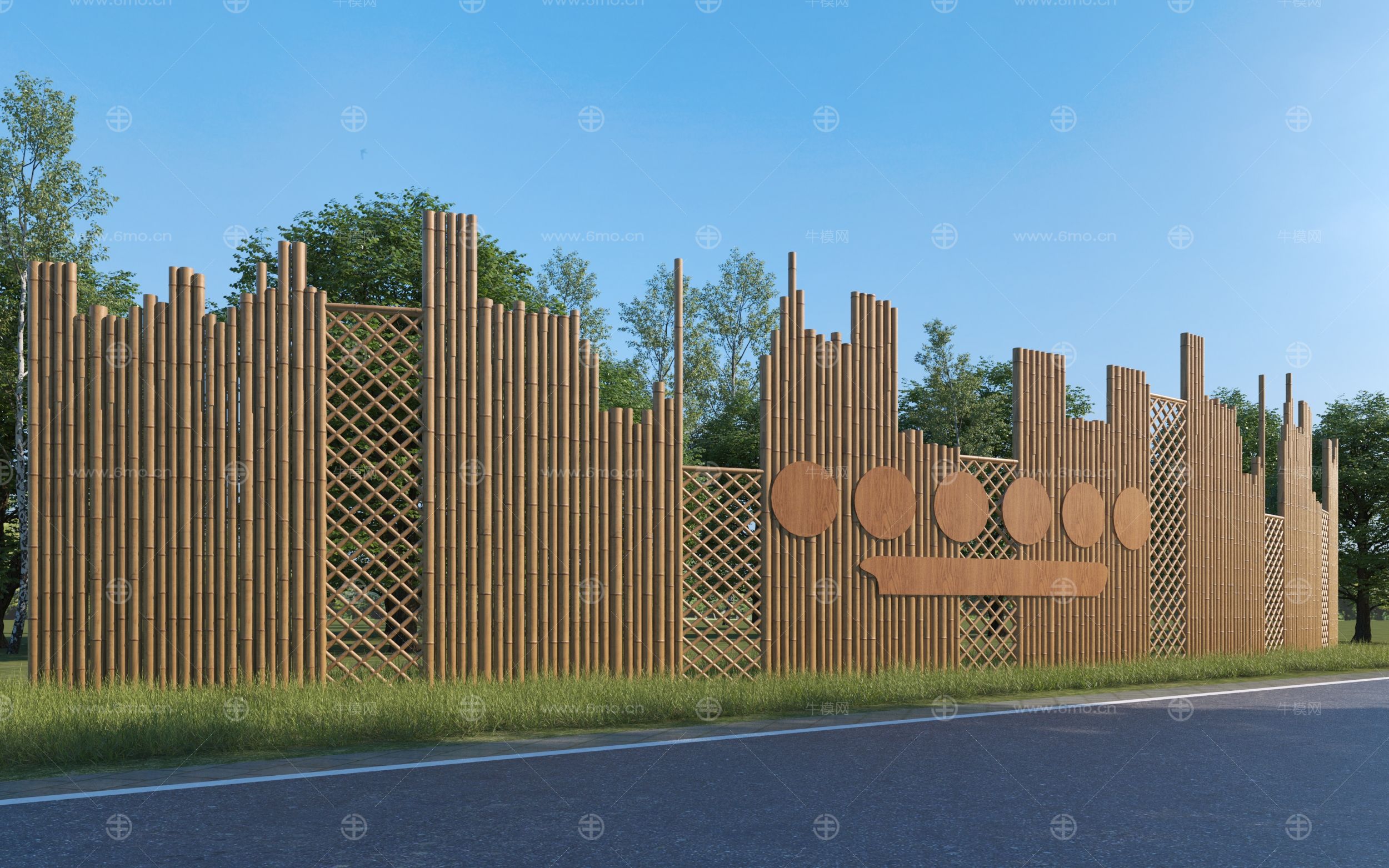 现代木篱笆景墙3D模型
