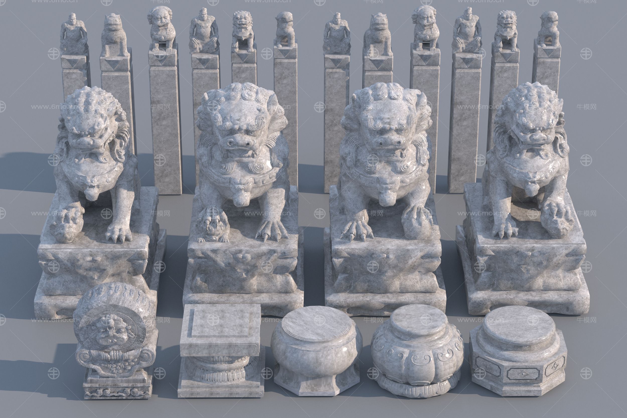 新中式石头狮子雕塑3D模型
